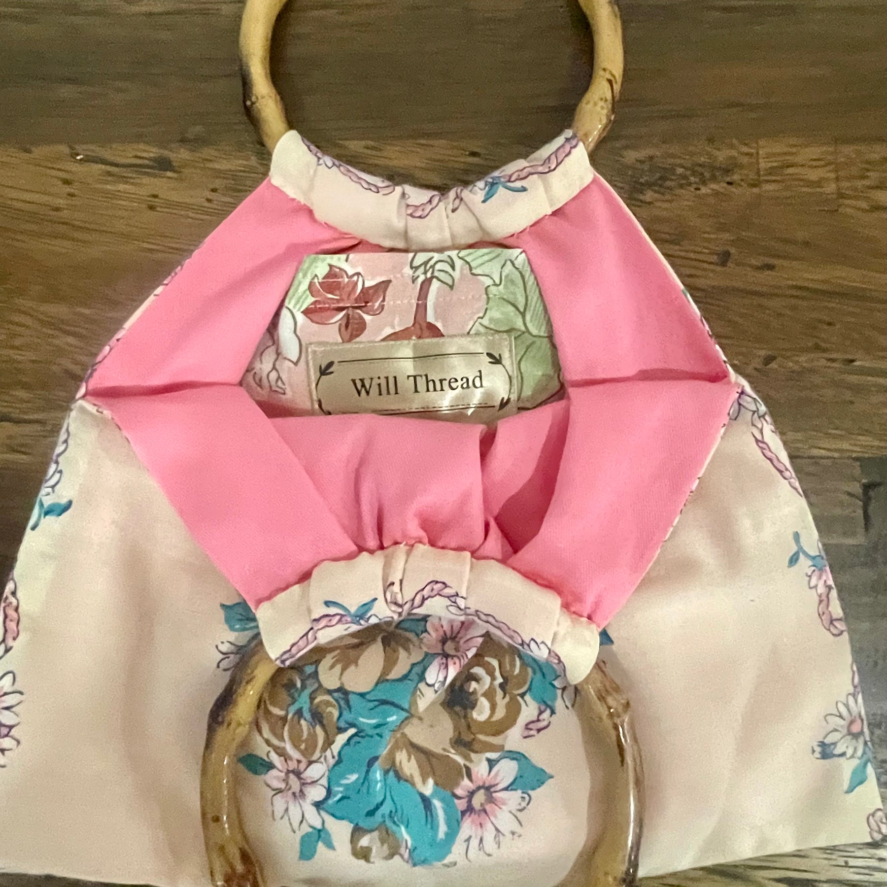 Mini Granny Bag, Cream Floral, Pink Interior, Handmade