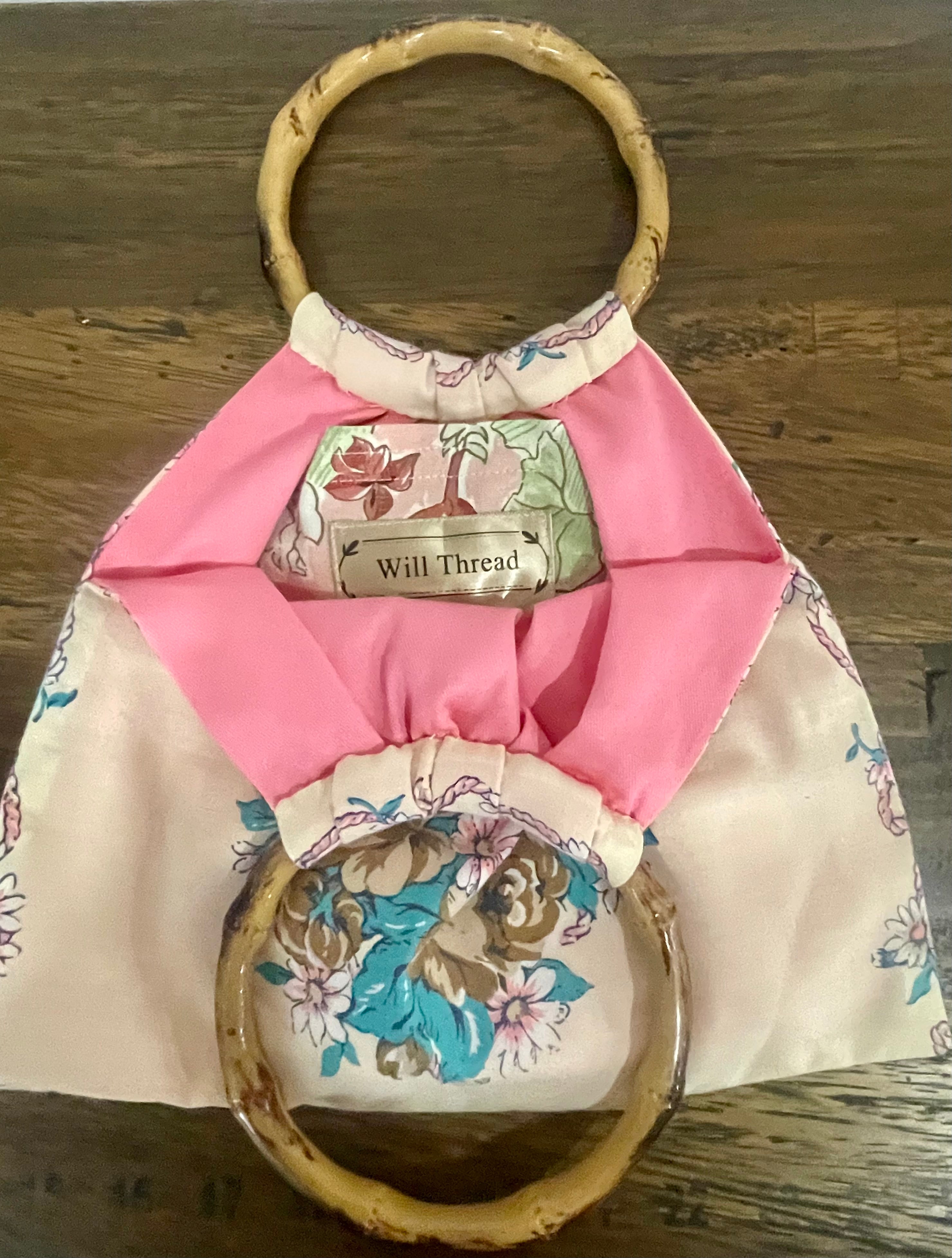 Mini Granny Bag, Cream Floral, Pink Interior, Handmade