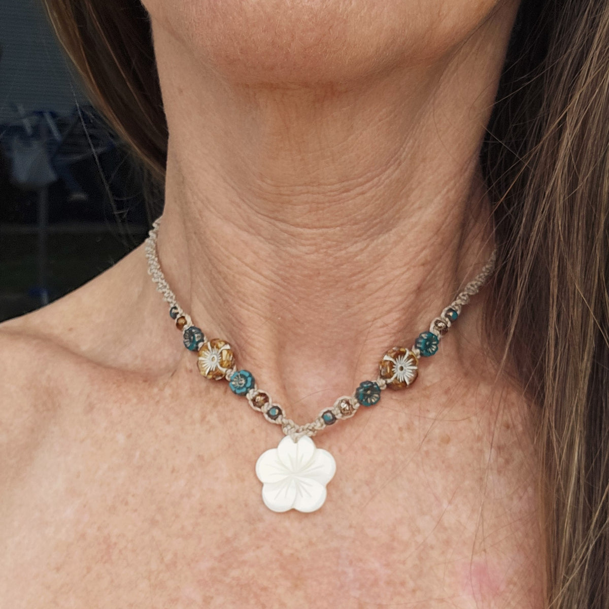 Flower Necklace with Mother of Pearl and Czech Glass Beads