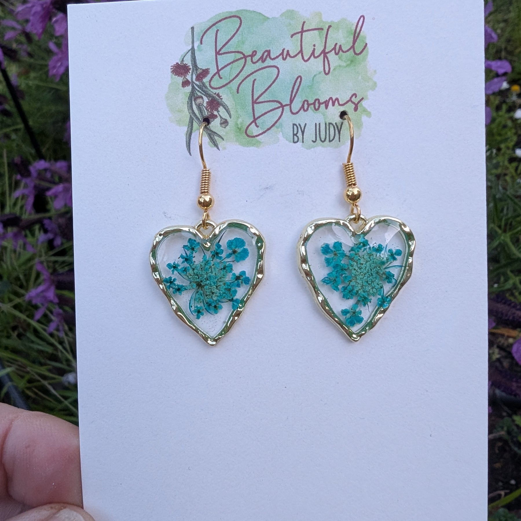 Hand dyed Queen Anne's Lace Resin Heart Earrings