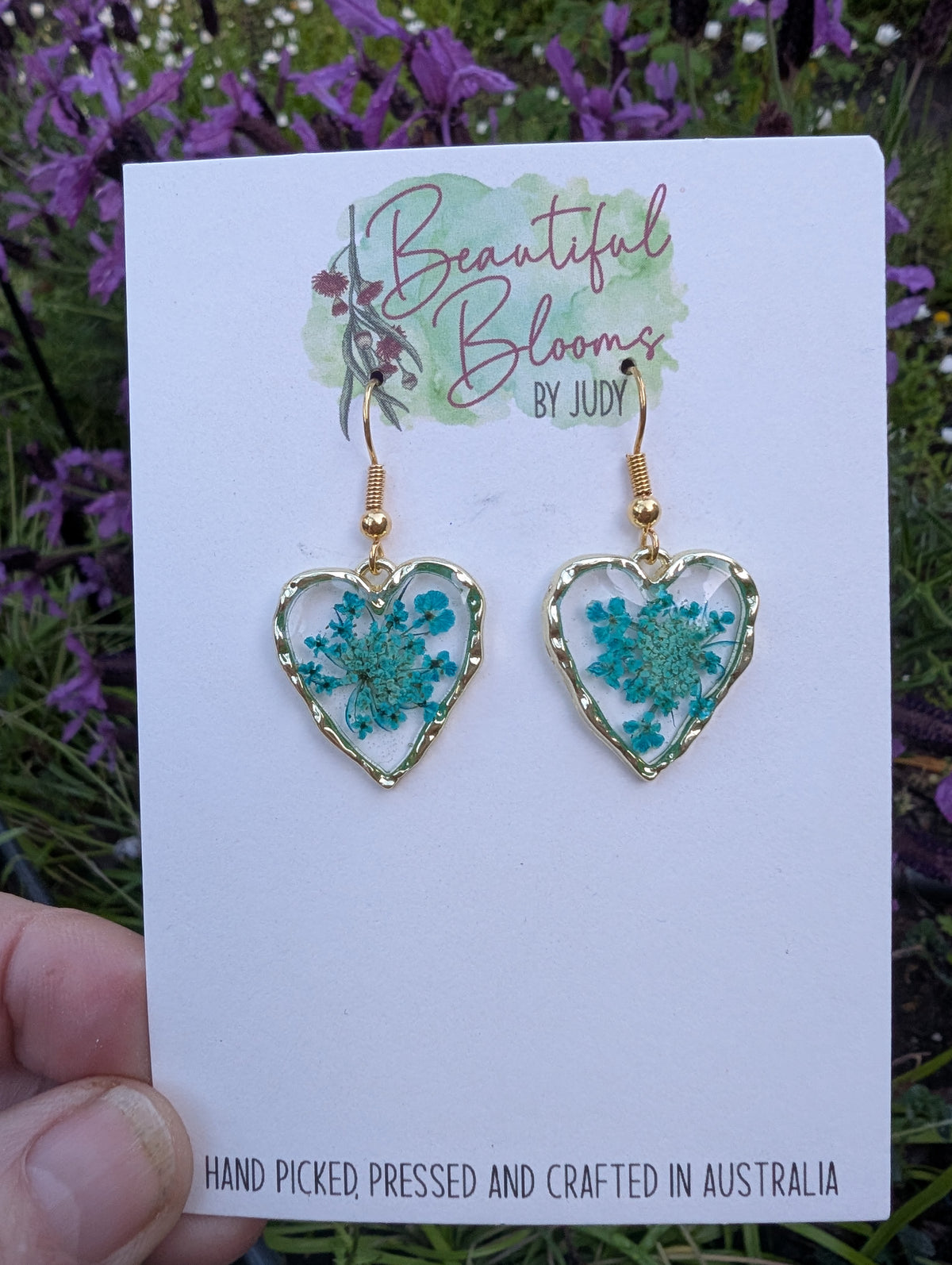 Hand dyed Queen Anne's Lace Resin Heart Earrings