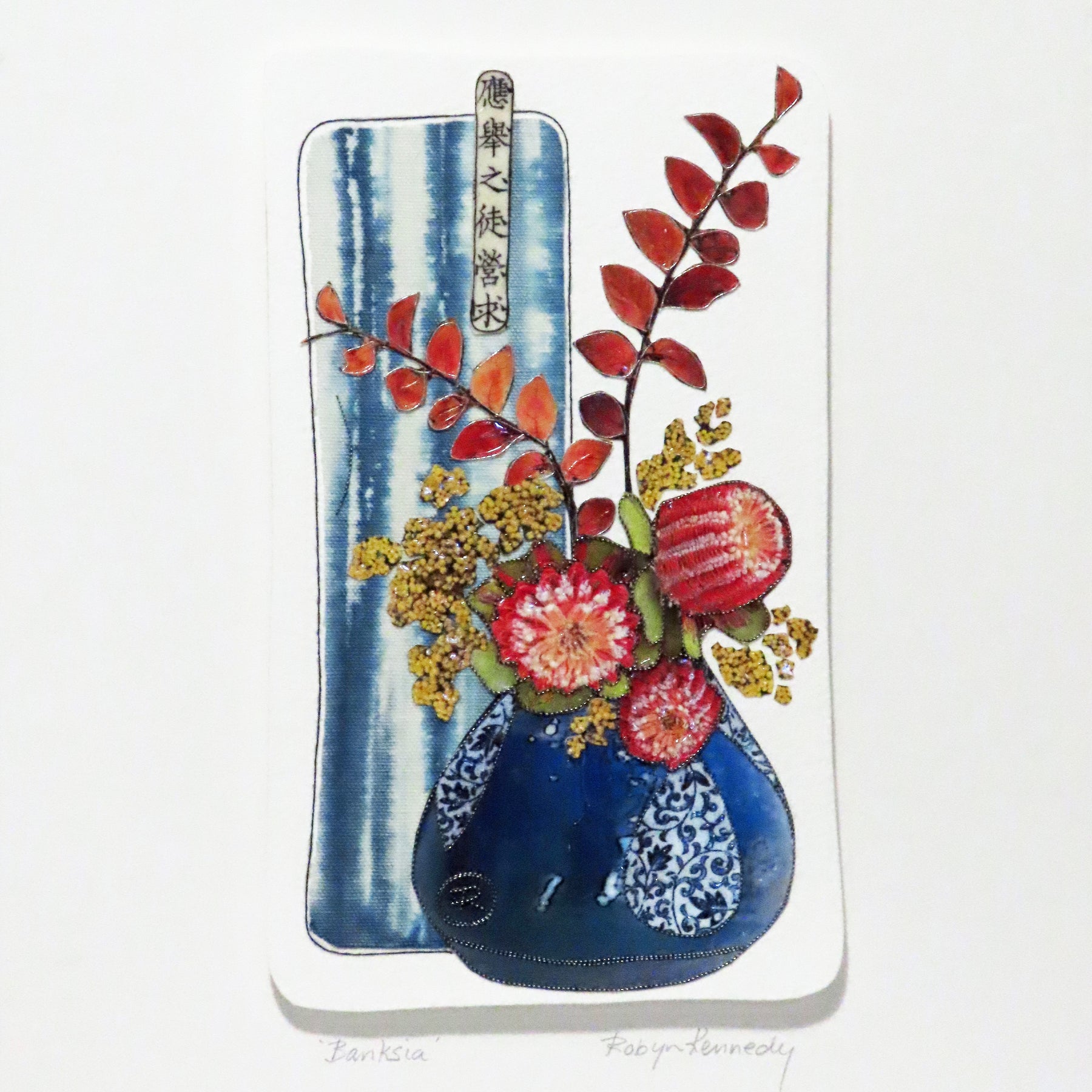 Unframed Collage Art - Red Banksia in Blue Vase