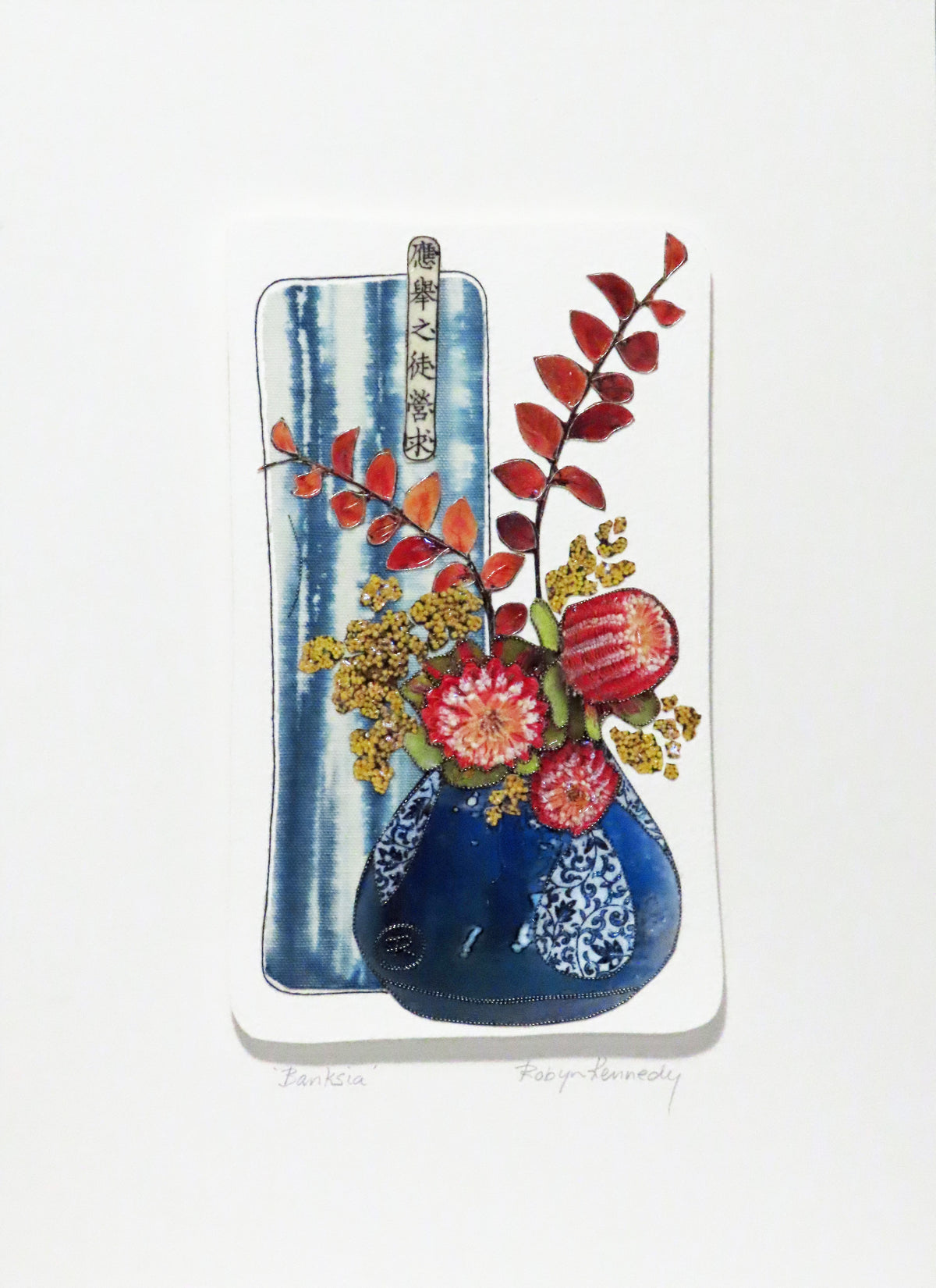 Unframed Collage Art - Red Banksia in Blue Vase