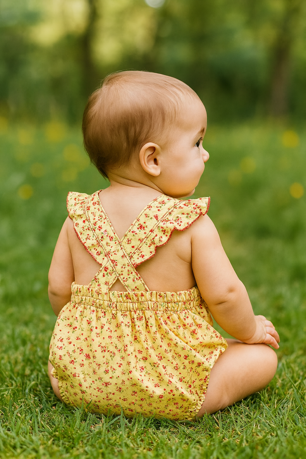 "Sunshine & Petals" Crossover Back Romper - Size 12 Months