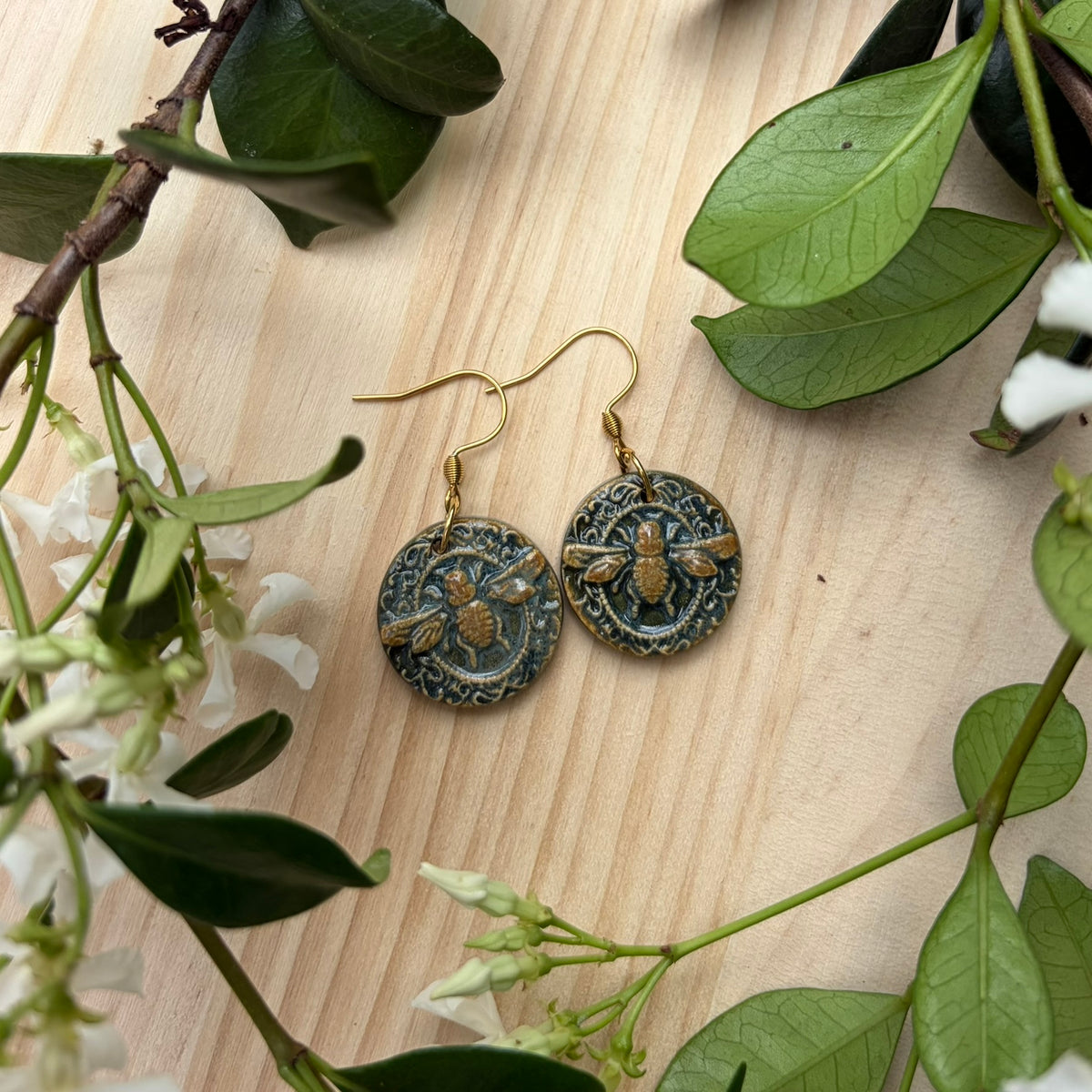 Ceramic Bee Earrings Gold Circle - Lightweight