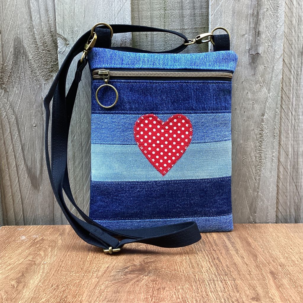 Upcycled Denim Crossbody Bag - Red Polka Dot Heart