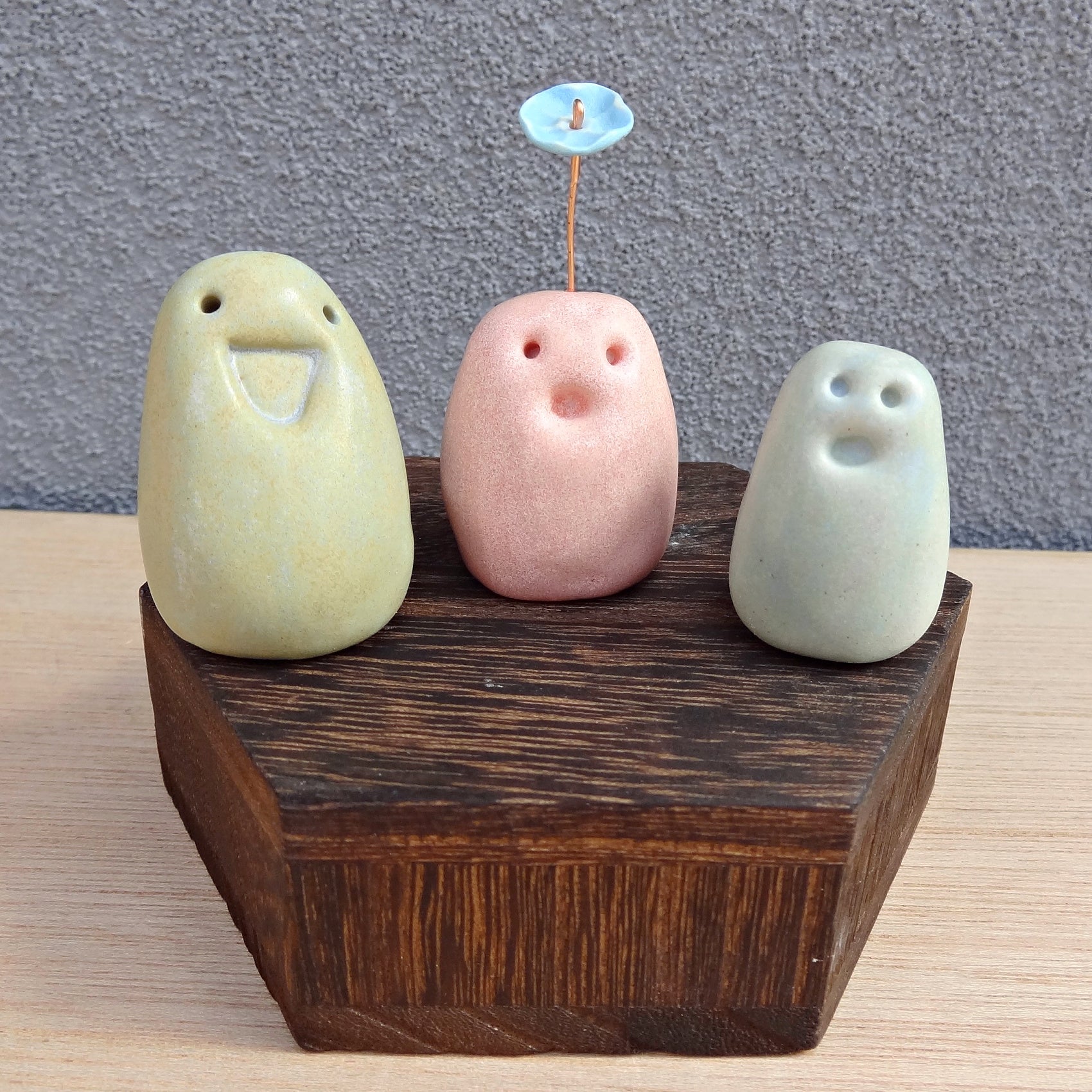 Set of 3 miniature ceramic pebble pets. Collectable tiny ceramic pottery stone friends. Handmade Whimsical Shelf or desk decor