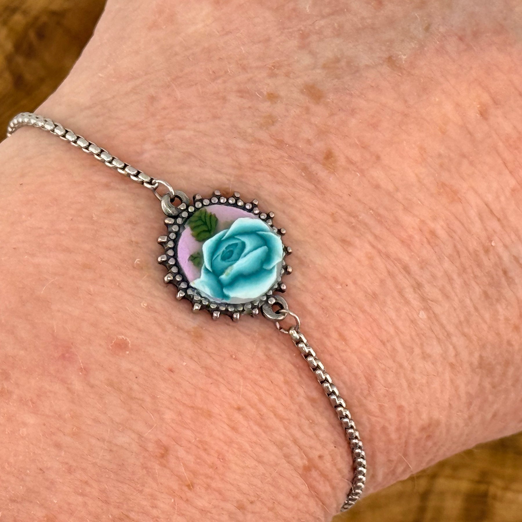 Pale Green Rose Stainless Steel Adjustable Slider Bracelet