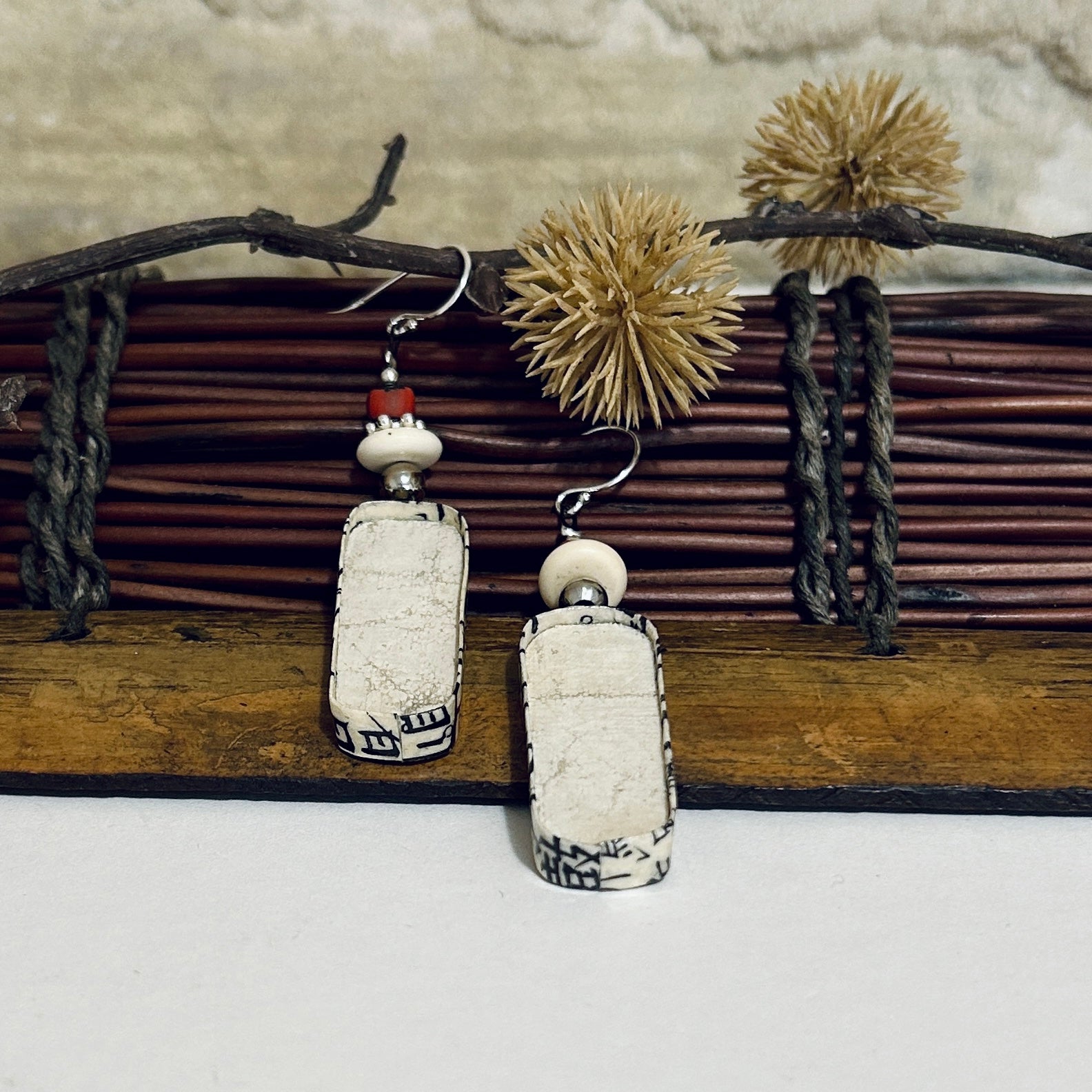 Black & Beige Japanese Inspired Drop Earrings-1.5cm x 7.5cm