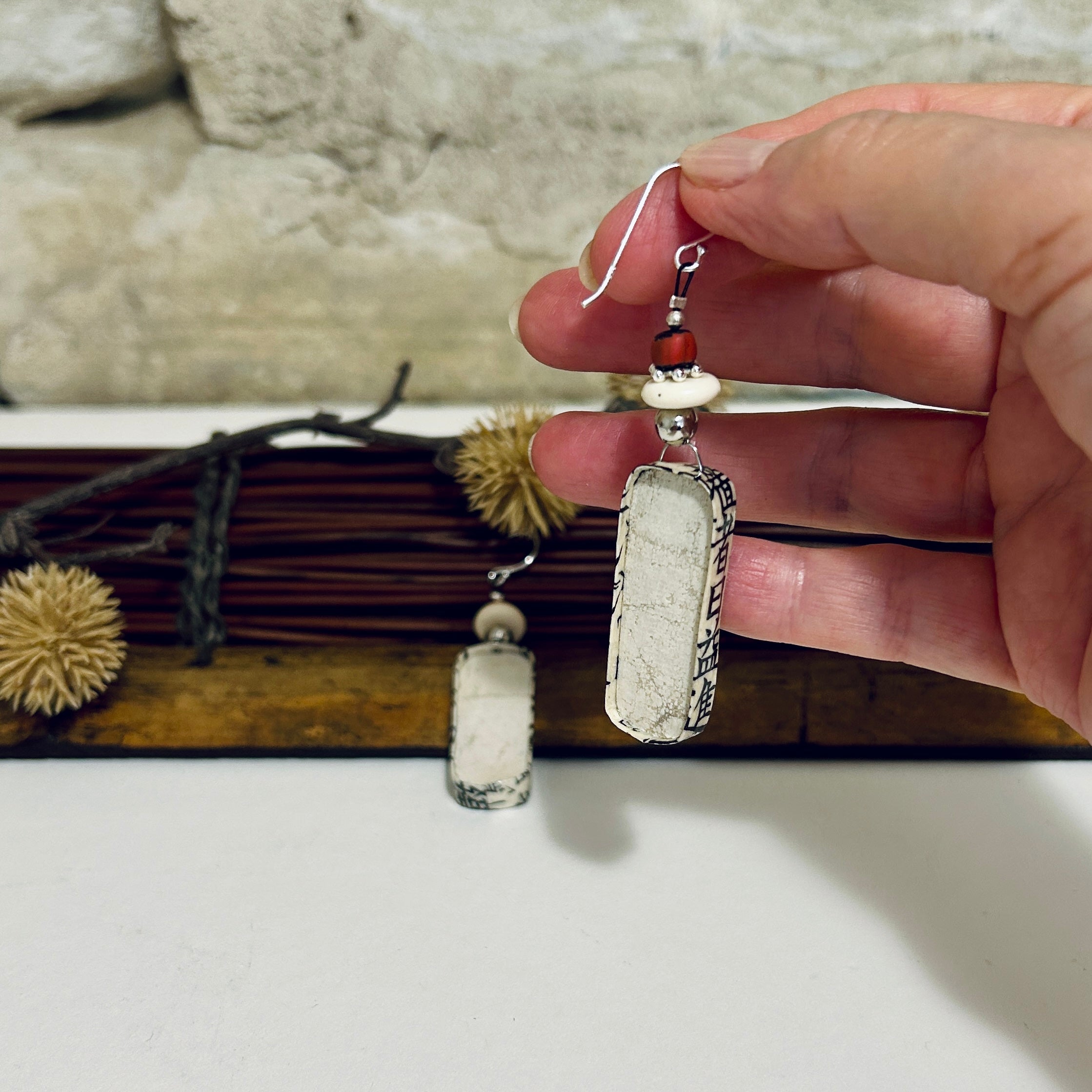 Black & Beige Japanese Inspired Drop Earrings-1.5cm x 7.5cm