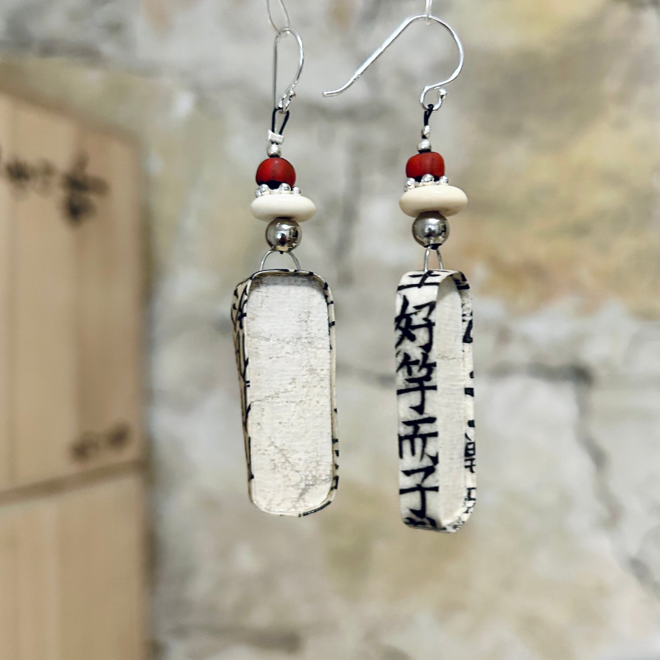 Black & Beige Japanese Inspired Drop Earrings-1.5cm x 7.5cm