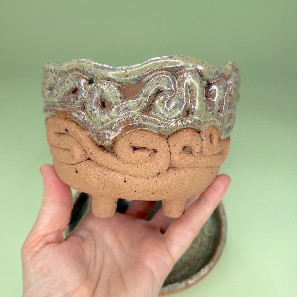 Ceramic coiled orchid pot with saucer