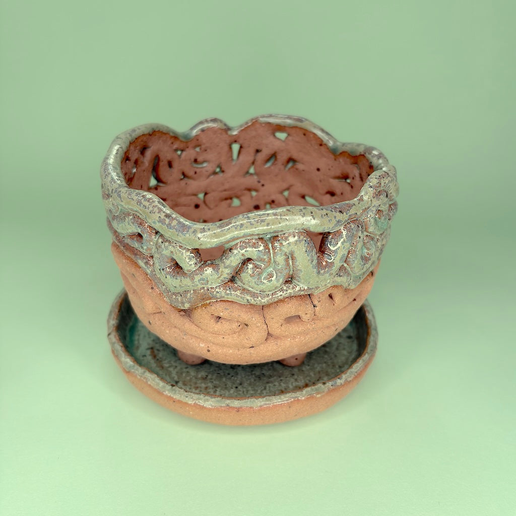 Ceramic coiled orchid pot with saucer