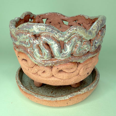 Ceramic coiled orchid pot with saucer