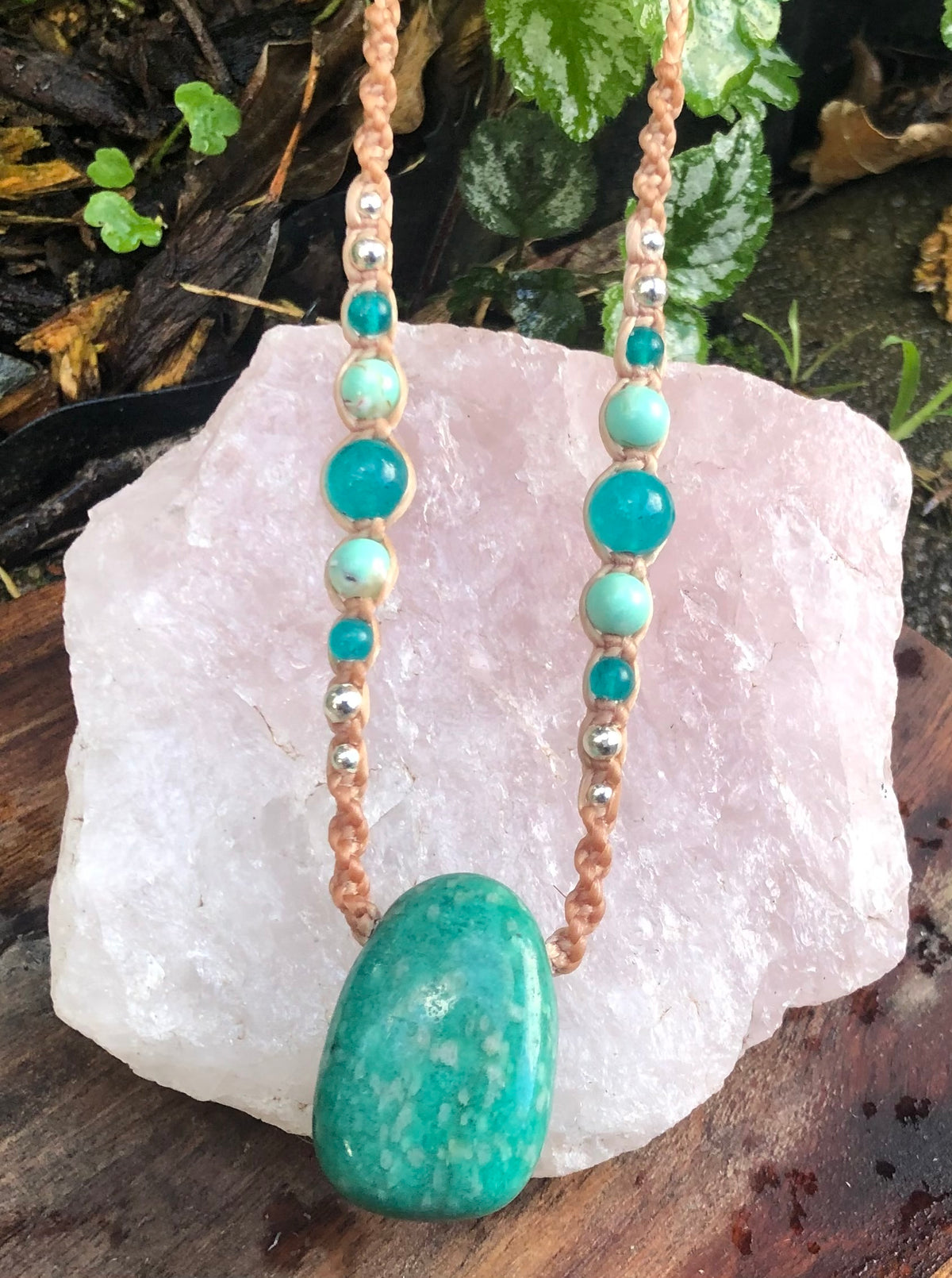 Amazonite Pendant, necklace macrame beaded adjustable boho