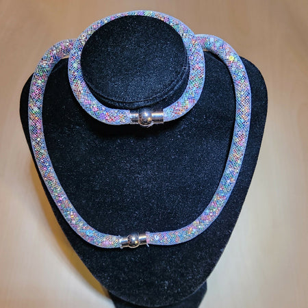 Nylon mesh, bead filled, necklace and bracelet set.