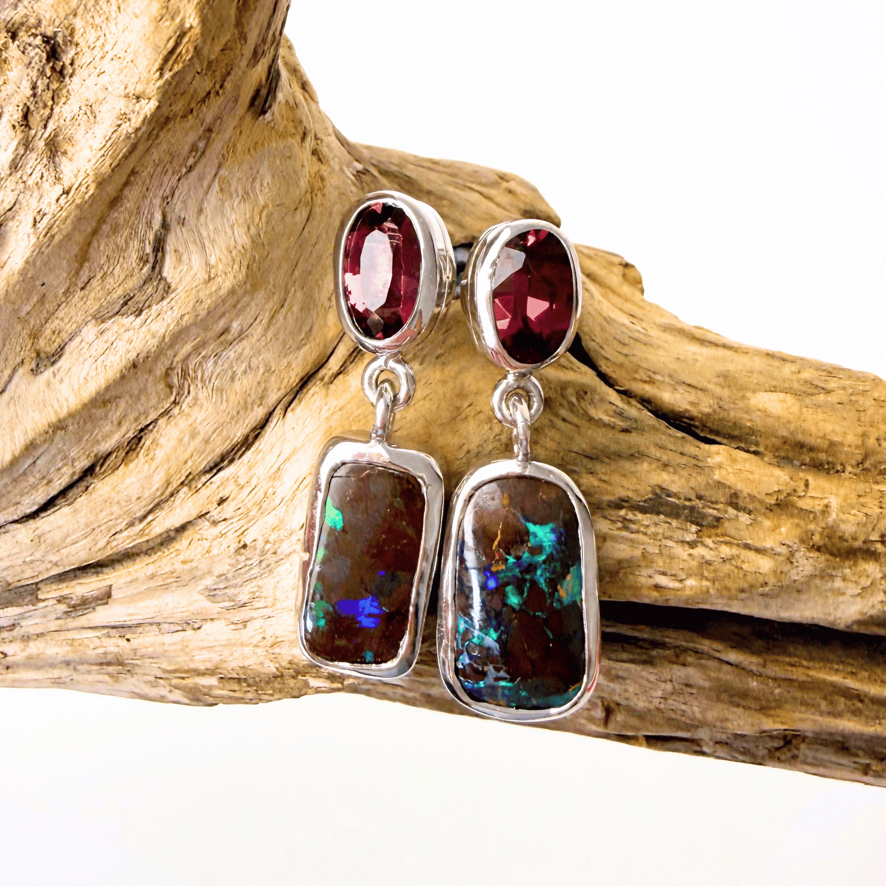 Australian Boulder Opal and Rhodolite Garnet Drop Earrings in 925 Sterling Silver