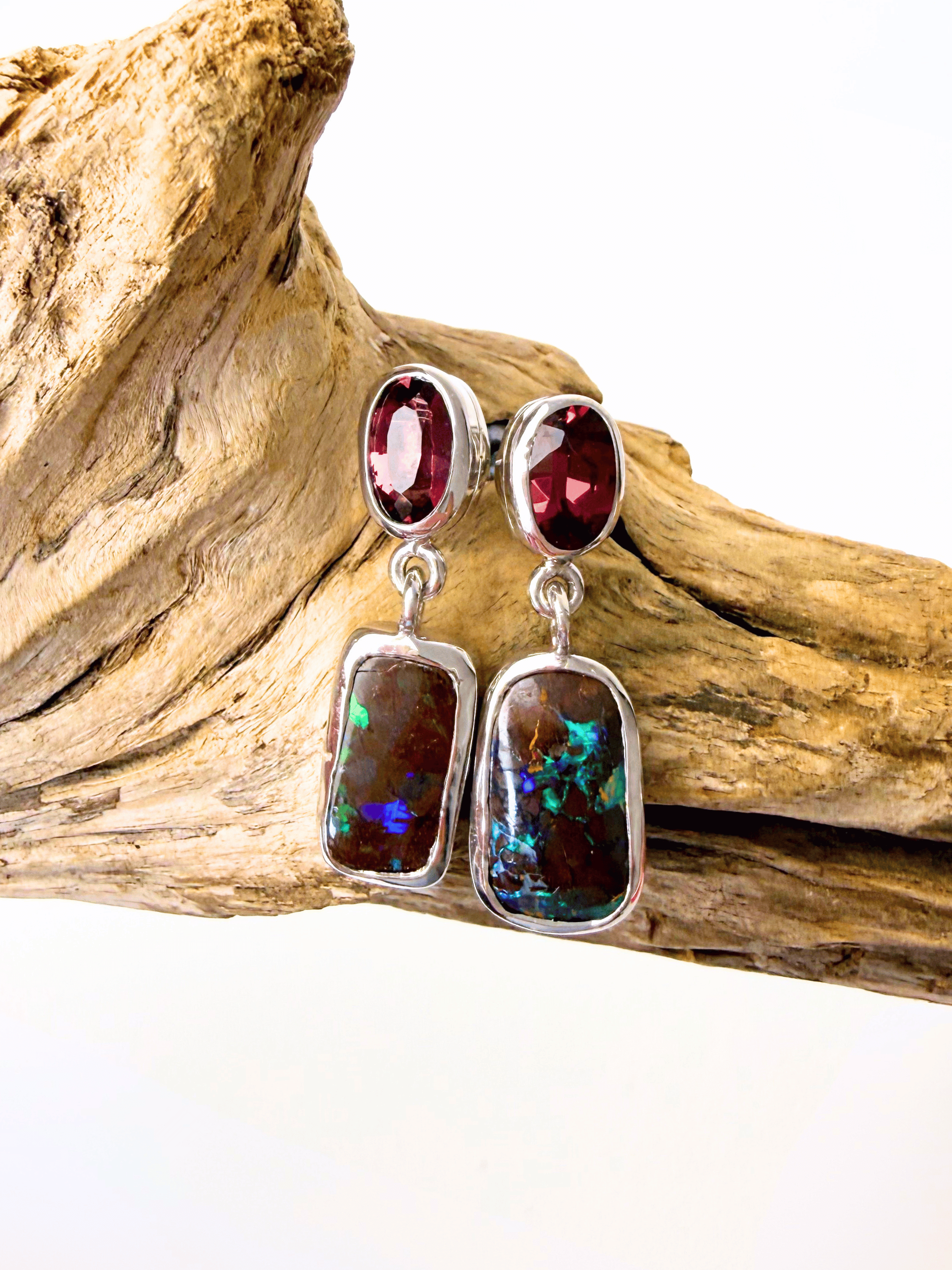 Australian Boulder Opal and Rhodolite Garnet Drop Earrings in 925 Sterling Silver