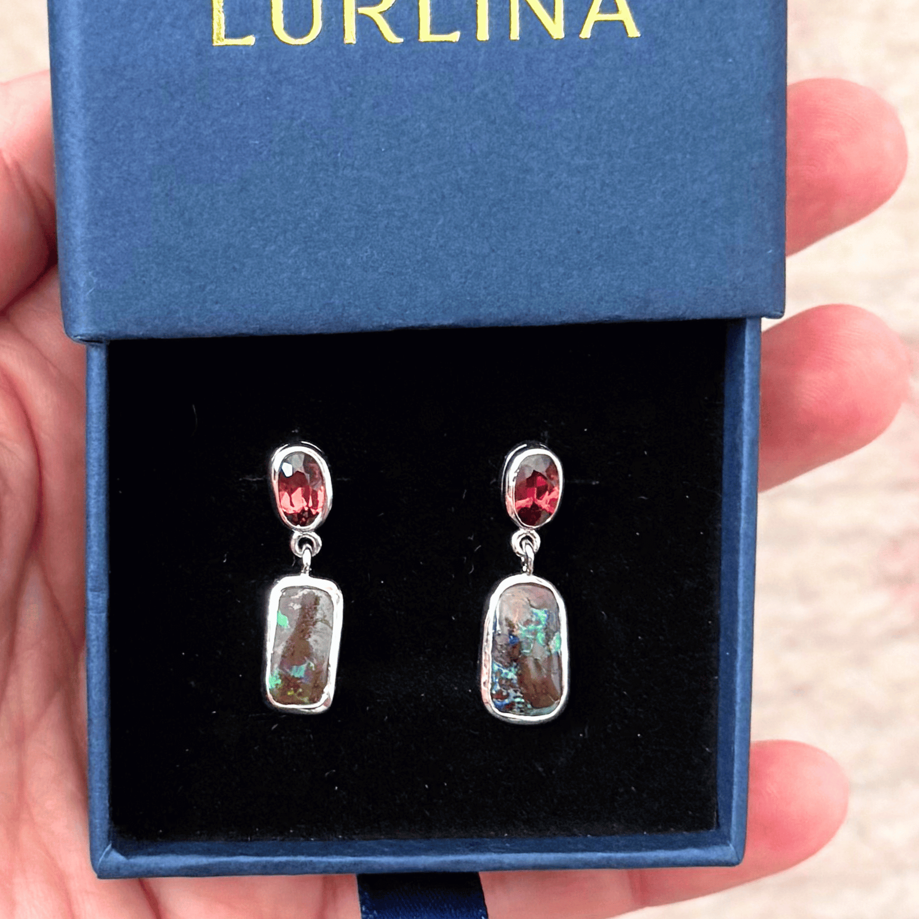 Australian Boulder Opal and Rhodolite Garnet Drop Earrings in 925 Sterling Silver