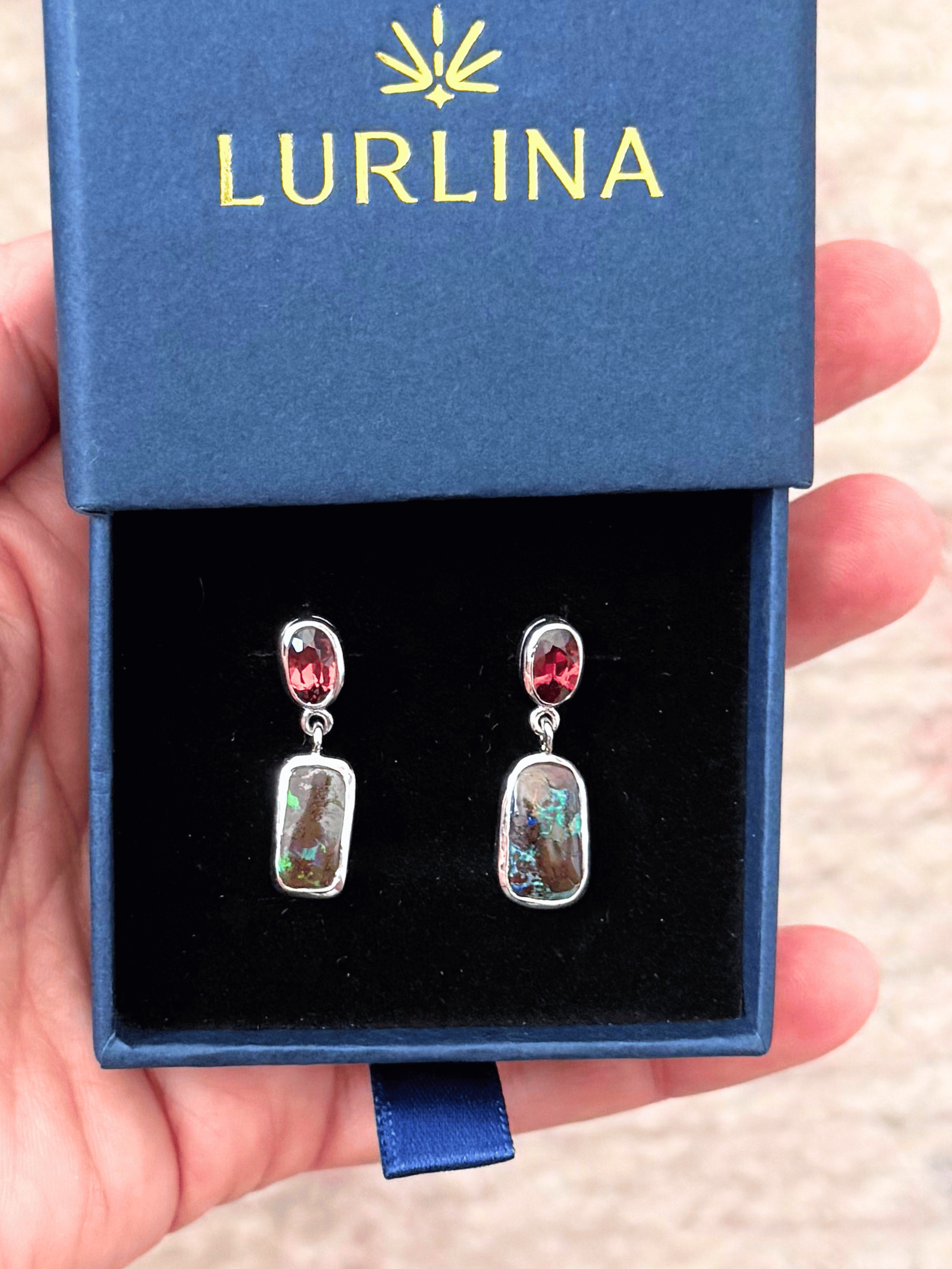 Australian Boulder Opal and Rhodolite Garnet Drop Earrings in 925 Sterling Silver