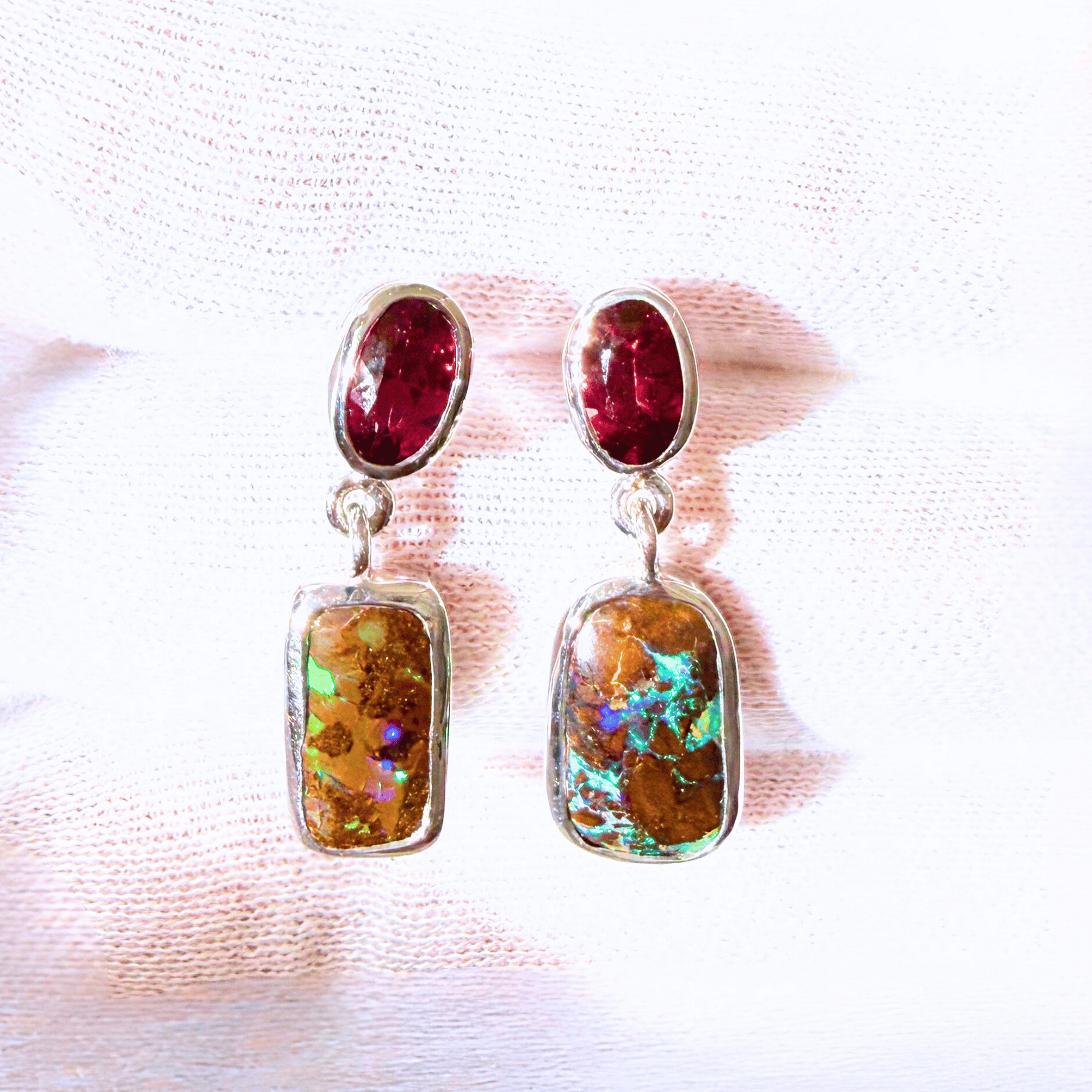 Australian Boulder Opal and Rhodolite Garnet Drop Earrings in 925 Sterling Silver