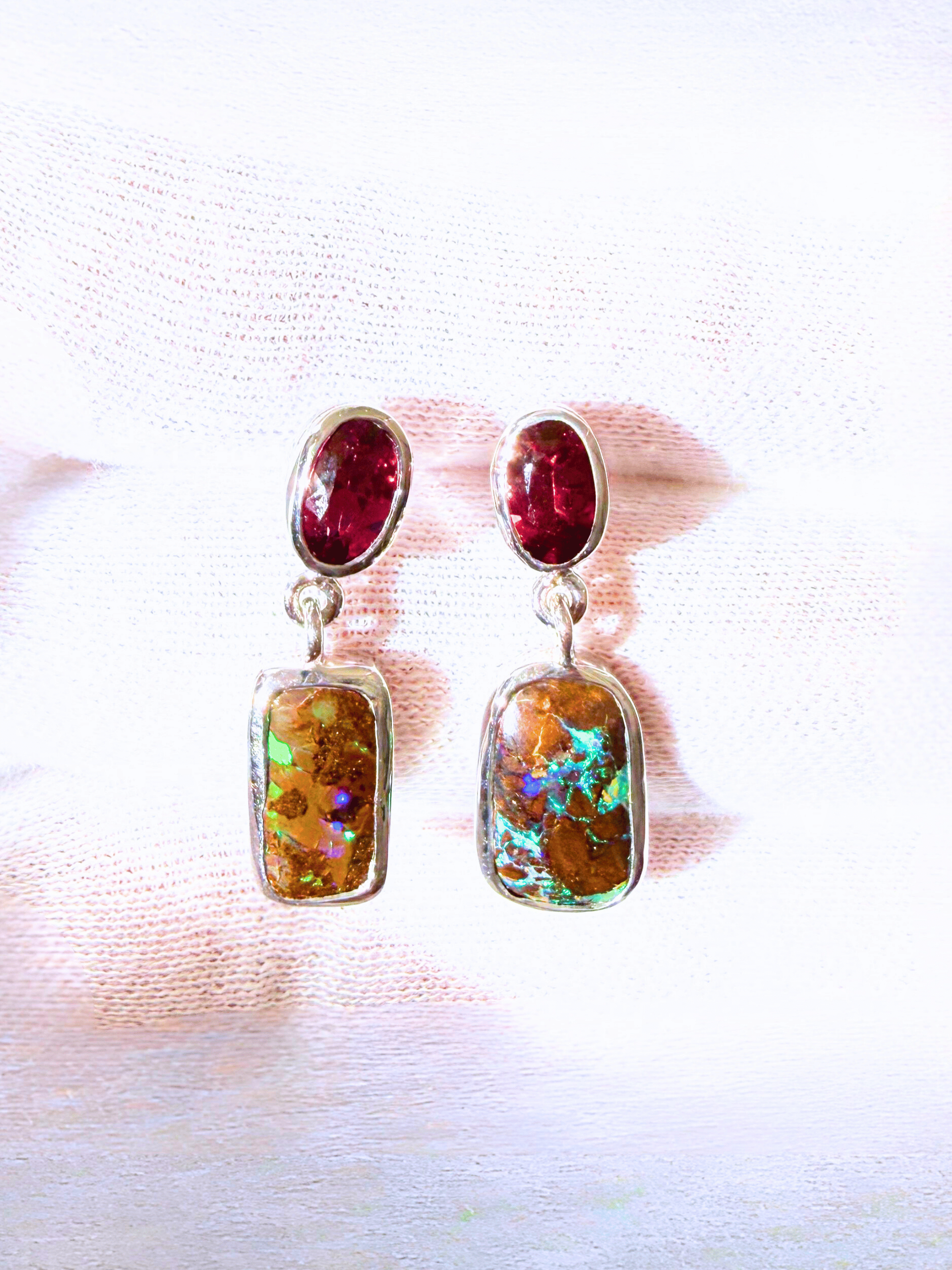 Australian Boulder Opal and Rhodolite Garnet Drop Earrings in 925 Sterling Silver