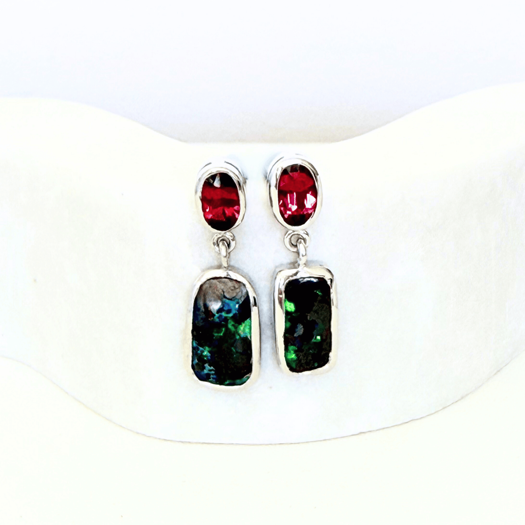 Australian Boulder Opal and Rhodolite Garnet Drop Earrings in 925 Sterling Silver