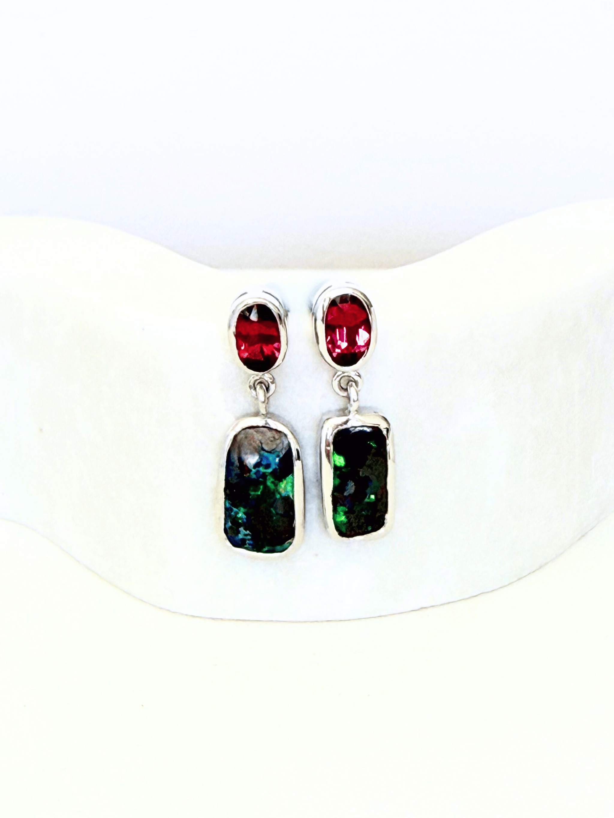 Australian Boulder Opal and Rhodolite Garnet Drop Earrings in 925 Sterling Silver