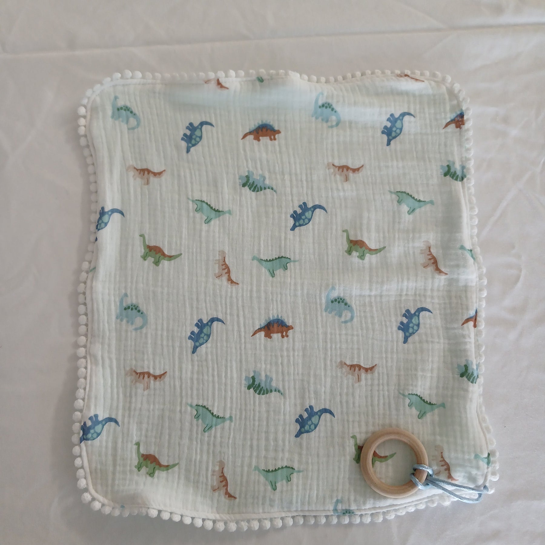 Handmade Double Gauze Dummy Comforter Set of 2 - 35x31cm with Beechwood Teething Ring -Dinosaurs , Light Mint