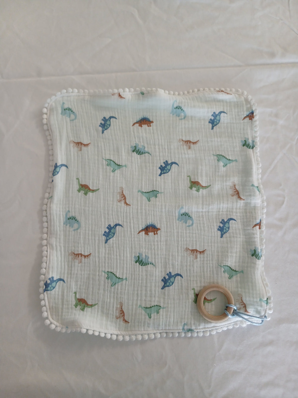 Handmade Double Gauze Dummy Comforter Set of 2 - 35x31cm with Beechwood Teething Ring -Dinosaurs , Light Mint