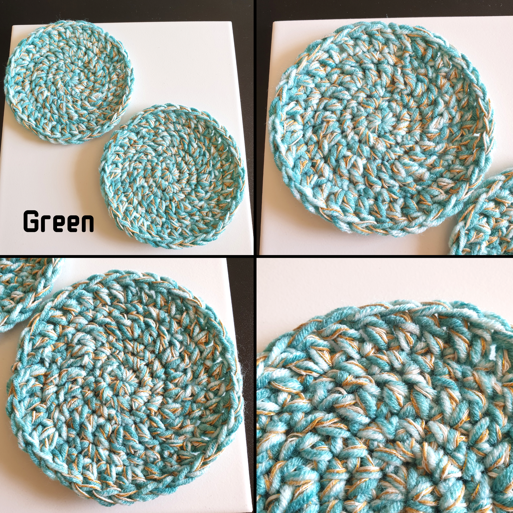 Hand crocheting Simple Round Coaster : Blue Green W Gold Silver