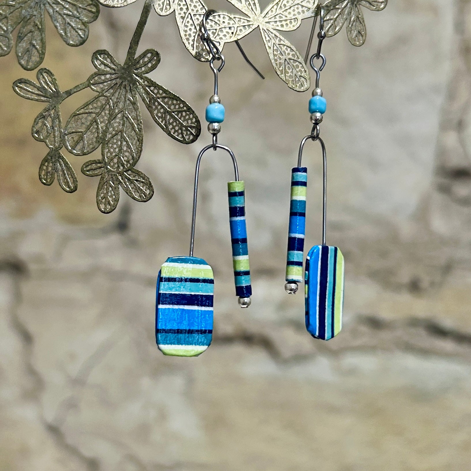 Earrings Long Striped Aqua Navy Mint Green - EC-642