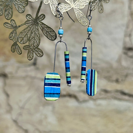 Earrings Long Striped Aqua Navy Mint Green - EC-642