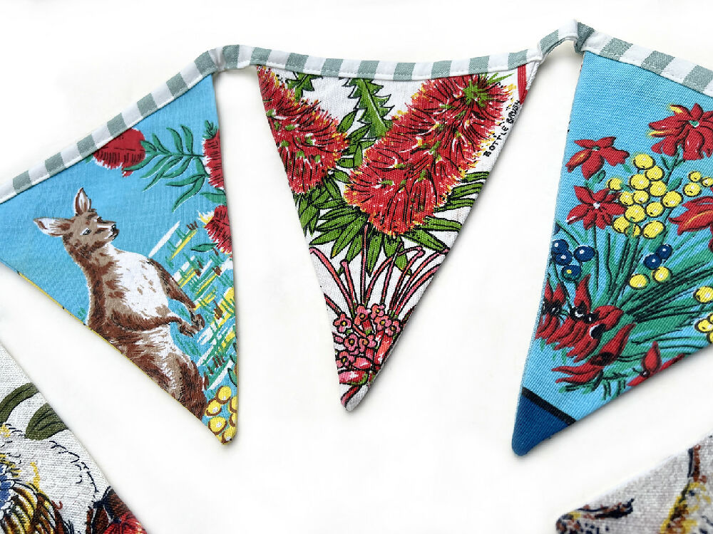 Australian Animals & Wildflowers upcycled Linen BUNTING