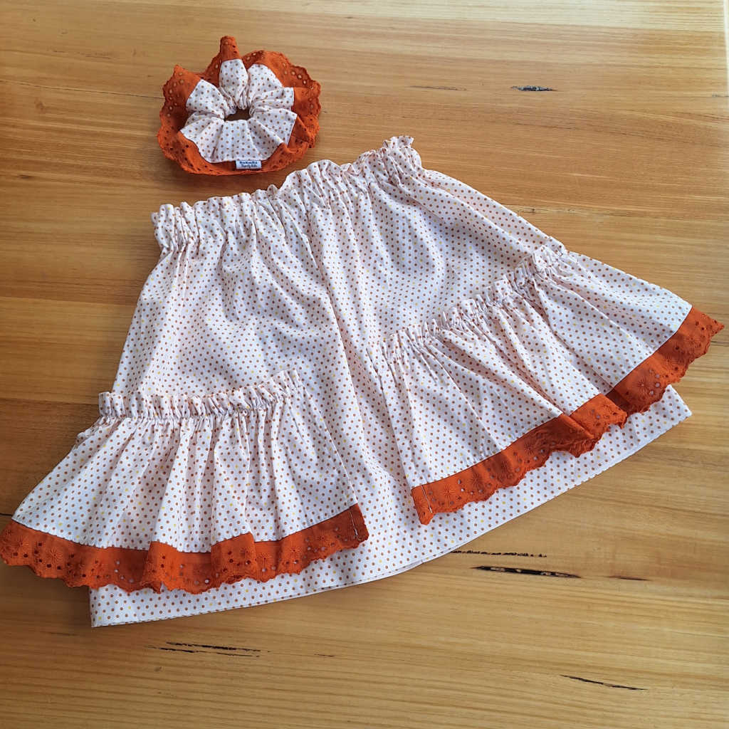 Handmade Girls Ruffle Skirt | Scrunchie | Rust Lace Trim | Size 6
