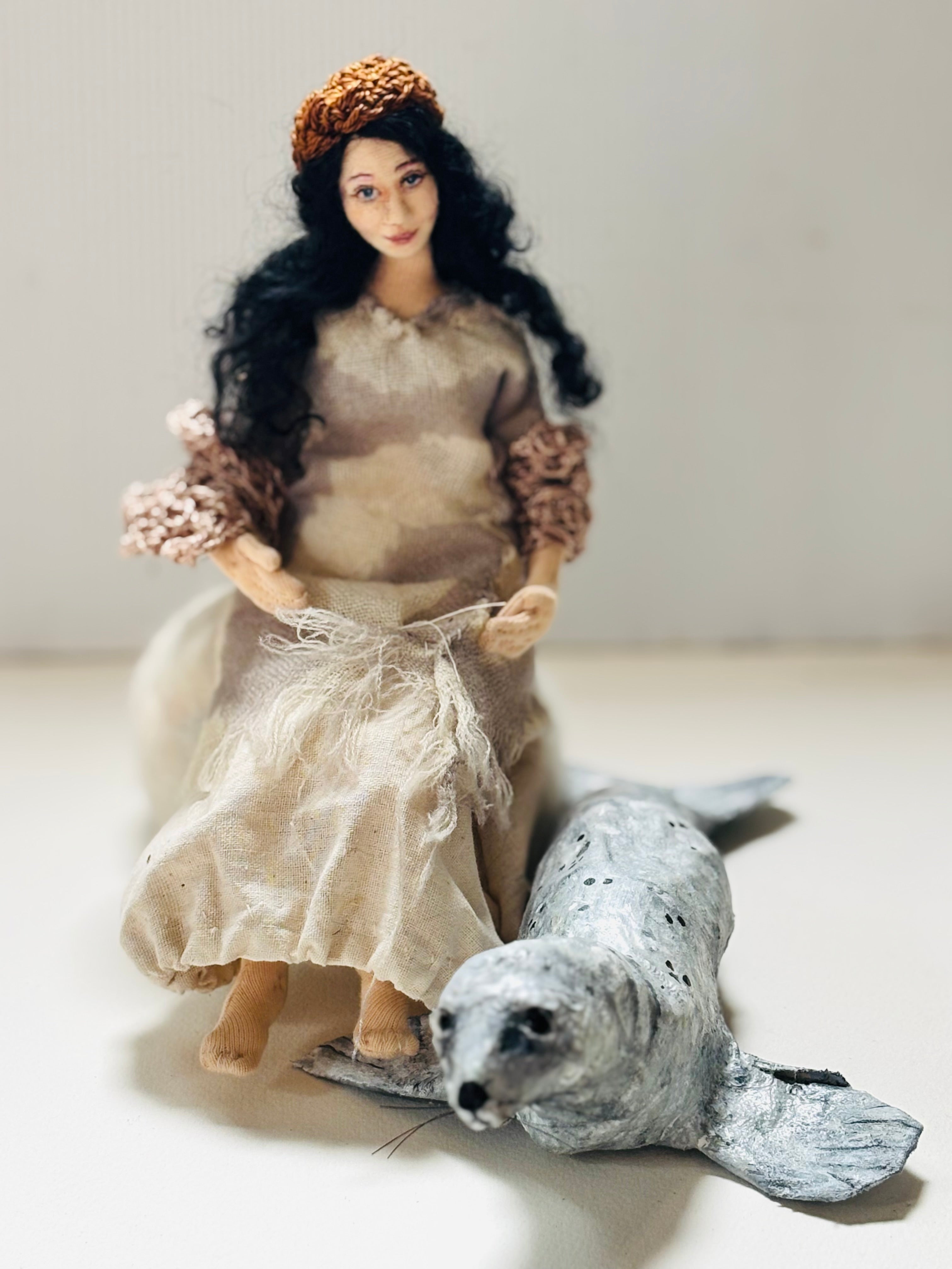Selkie, mixed media doll, needle felt seal, unique gift