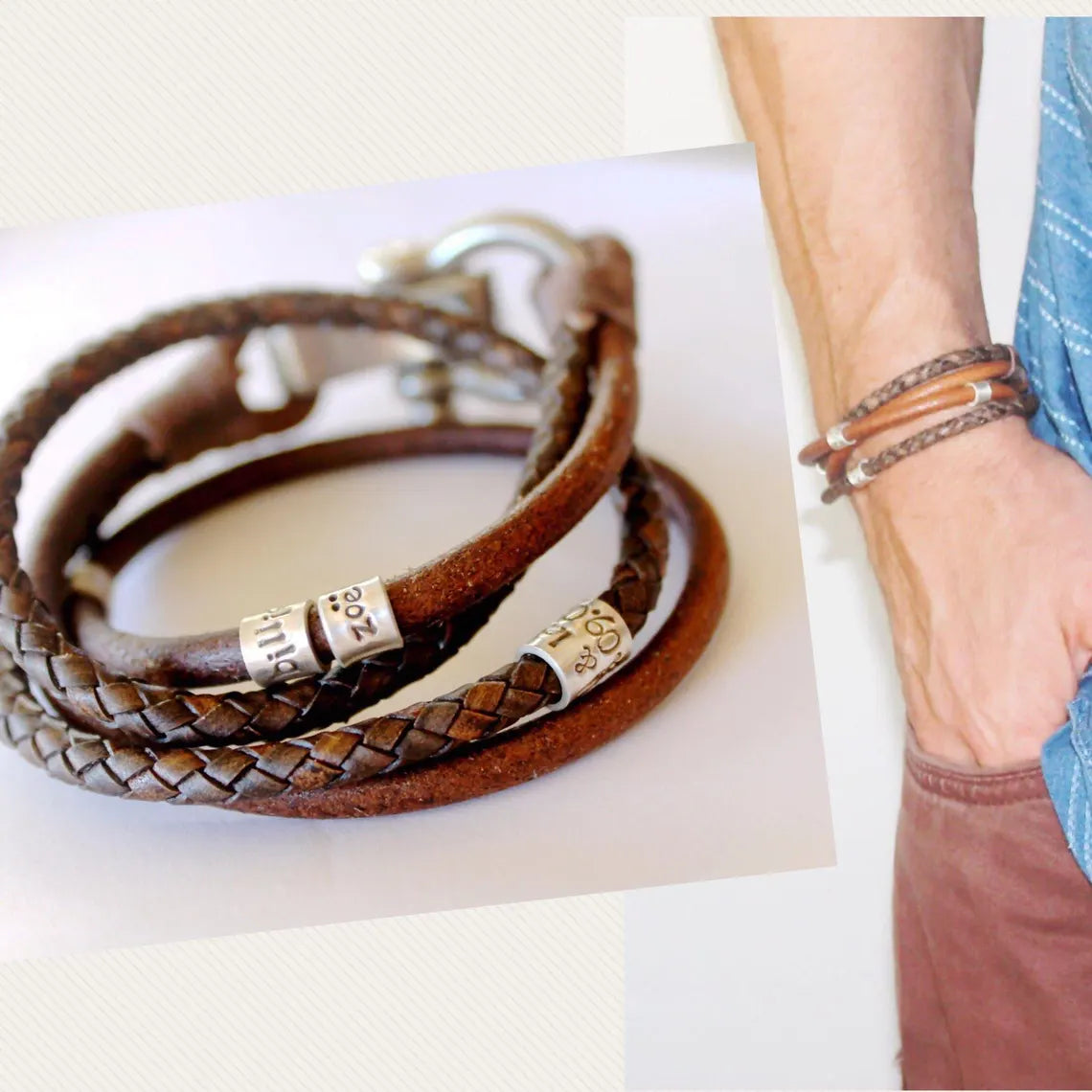 4 Cord Silver Bead Leather Wrap  - personalised