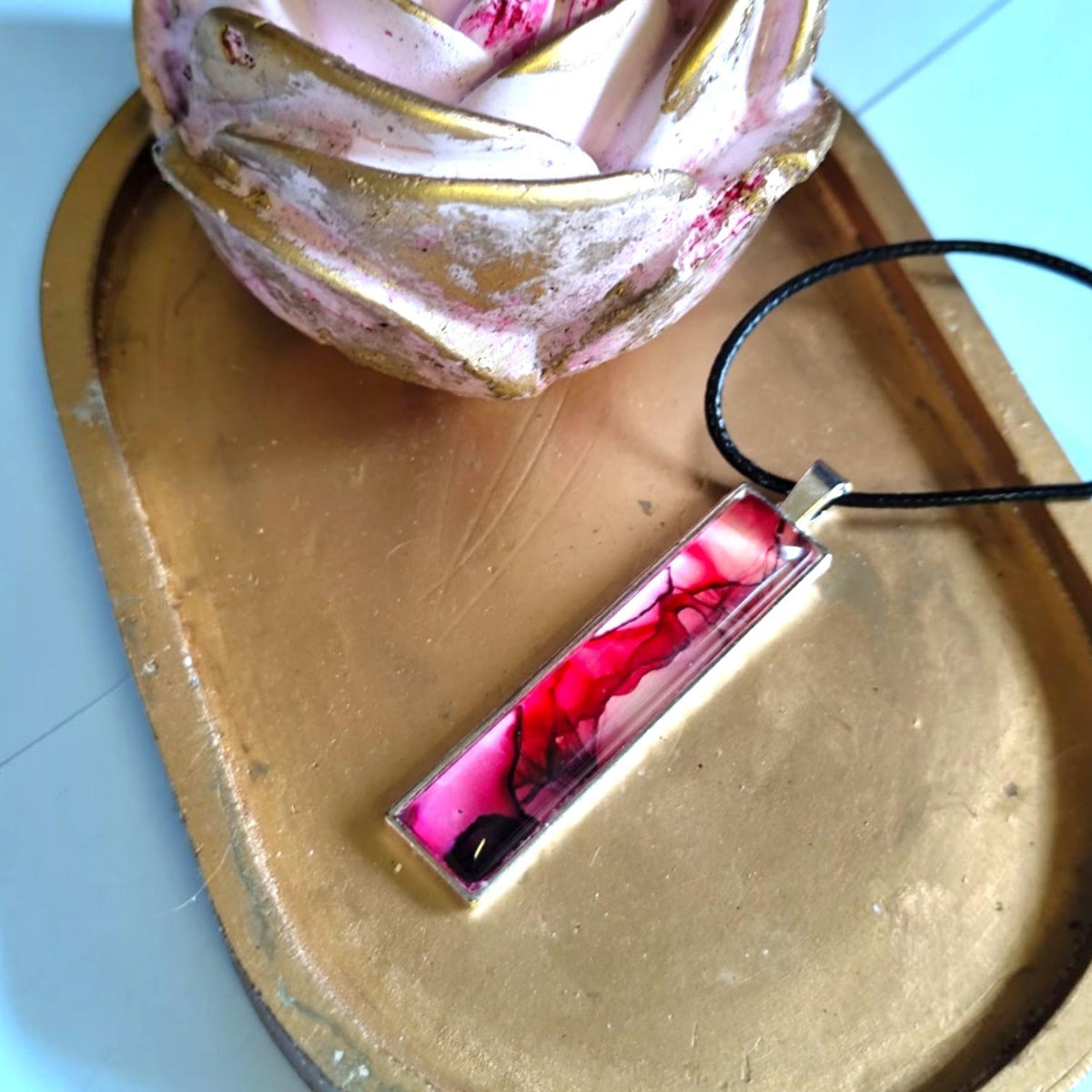 Red Alcohol Ink Pendant Necklace, Wearable Original Painting