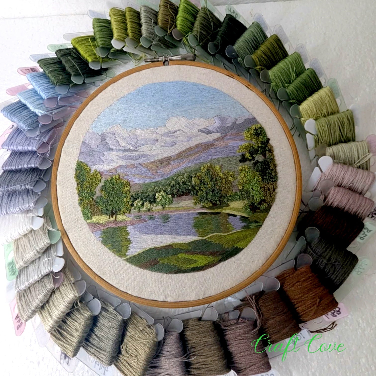 Hand Embroidered Mountain Landscape – Intricate Thread Painting