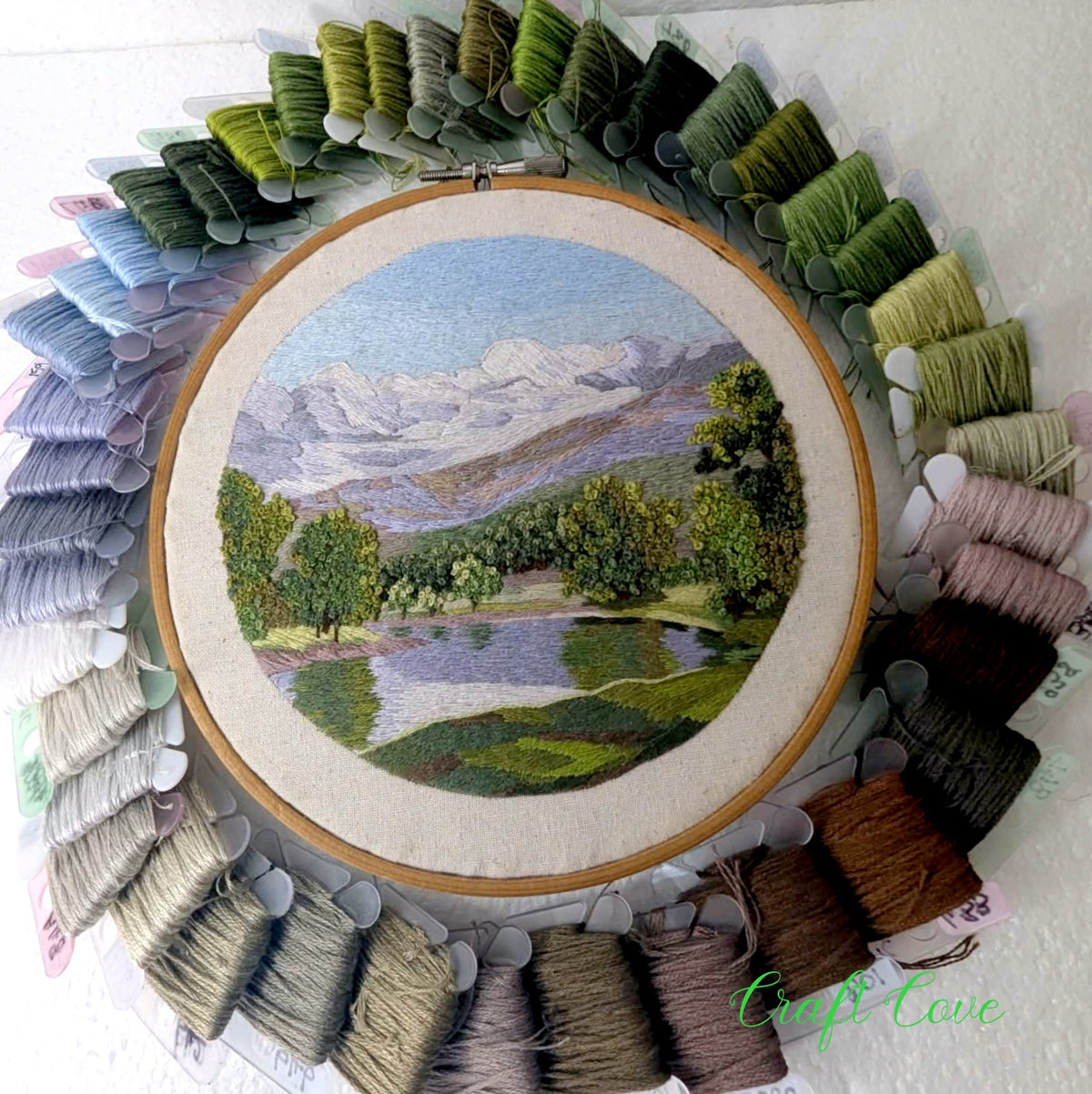 Hand Embroidered Mountain Landscape – Intricate Thread Painting