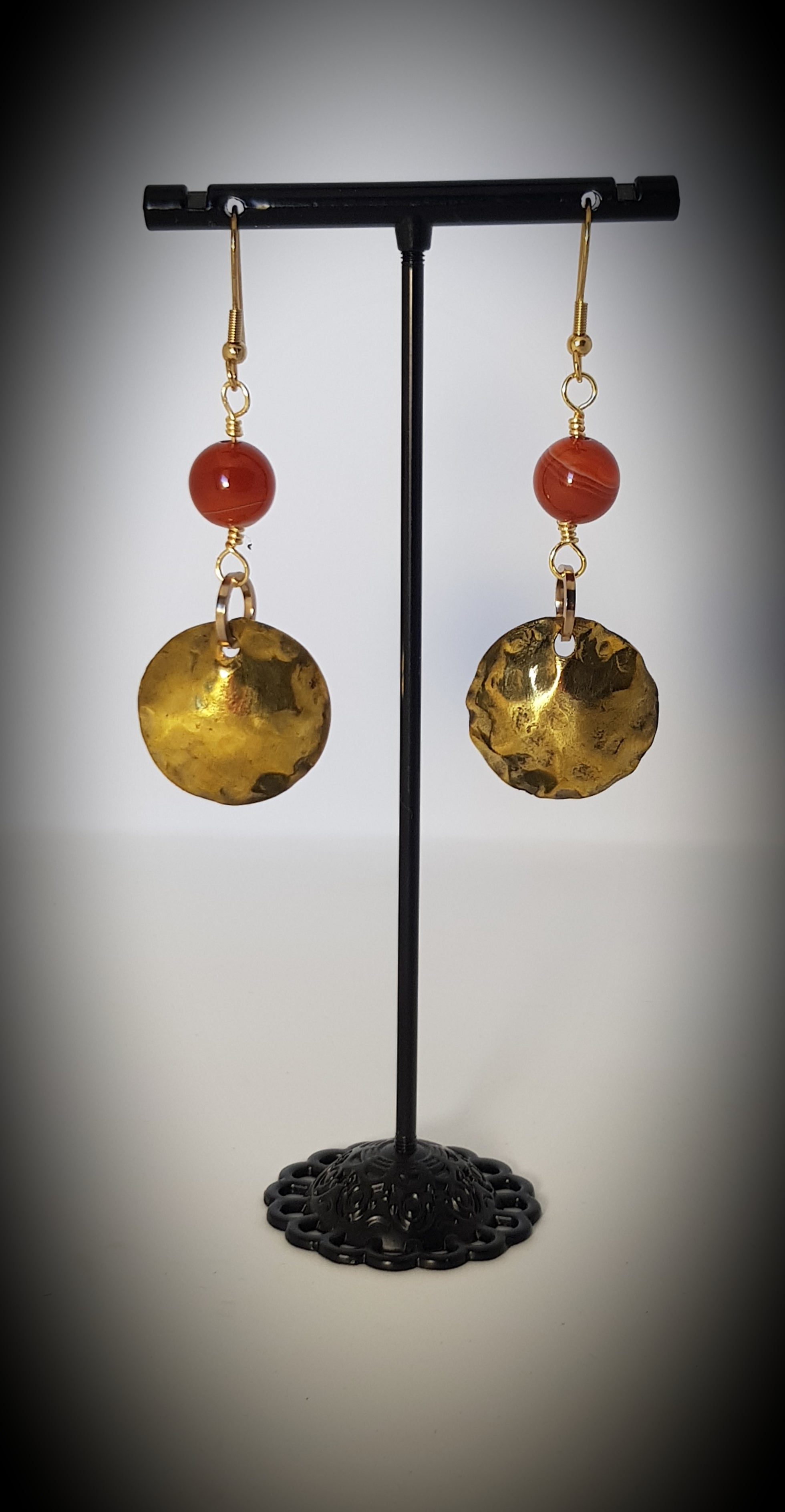 Brass domed earrings with Carnelian beads #631 AM/E