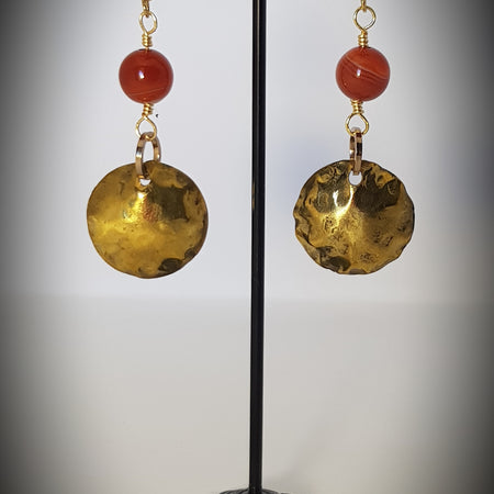 Brass domed earrings with Carnelian beads #631 AM/E