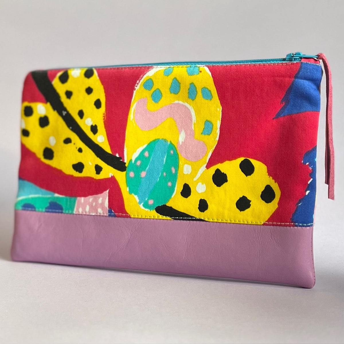 Colourful, repurposed vintage fabric zip POUCH with leather