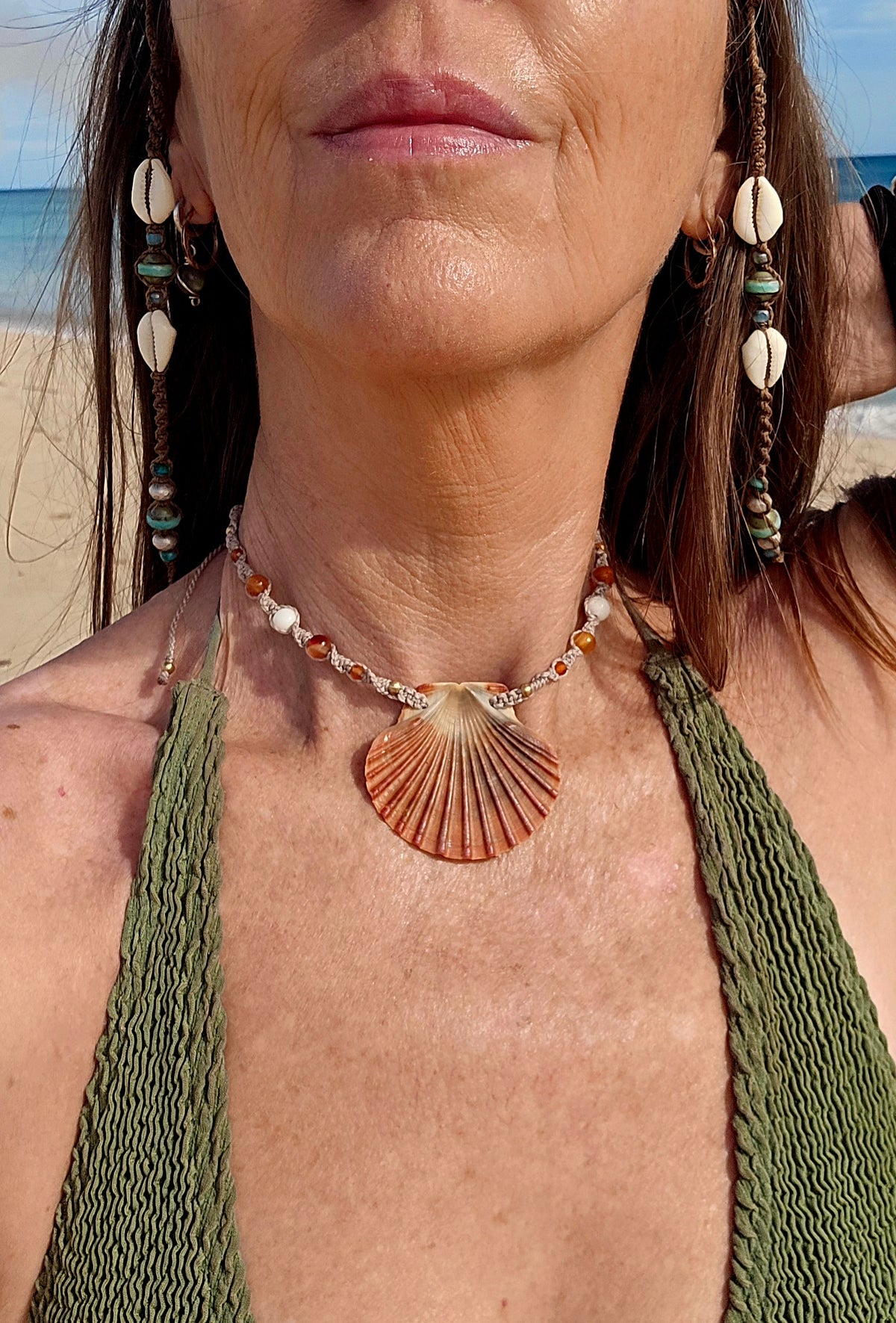 Scallop Shell Necklace with Carnelian & Shell Beads