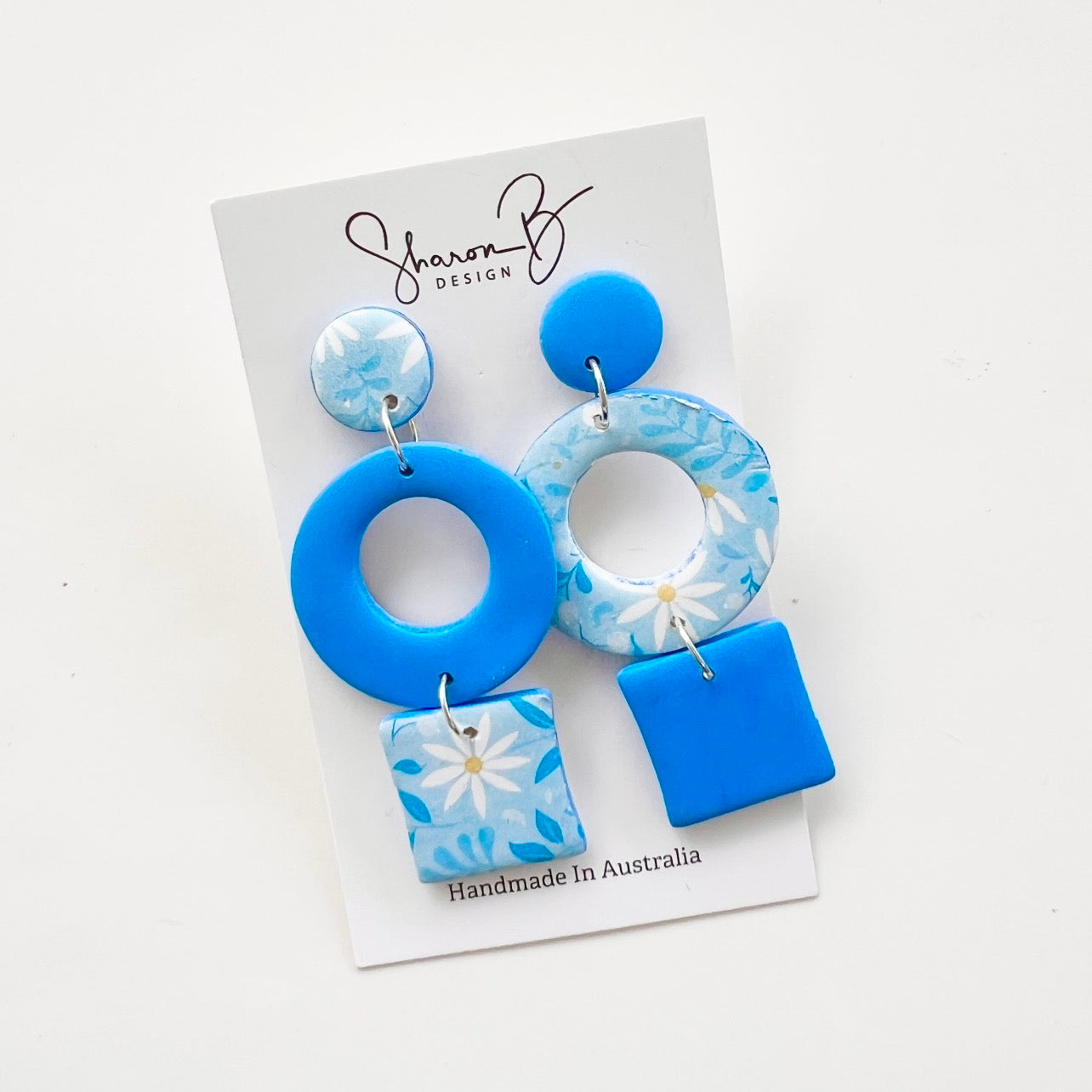 Earrings~Polymer Clay ~ Blue Dangles~Daisies