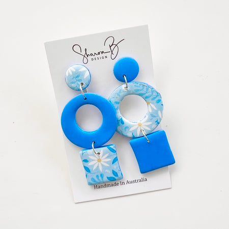 Earrings~Polymer Clay ~ Blue Dangles~Daisies