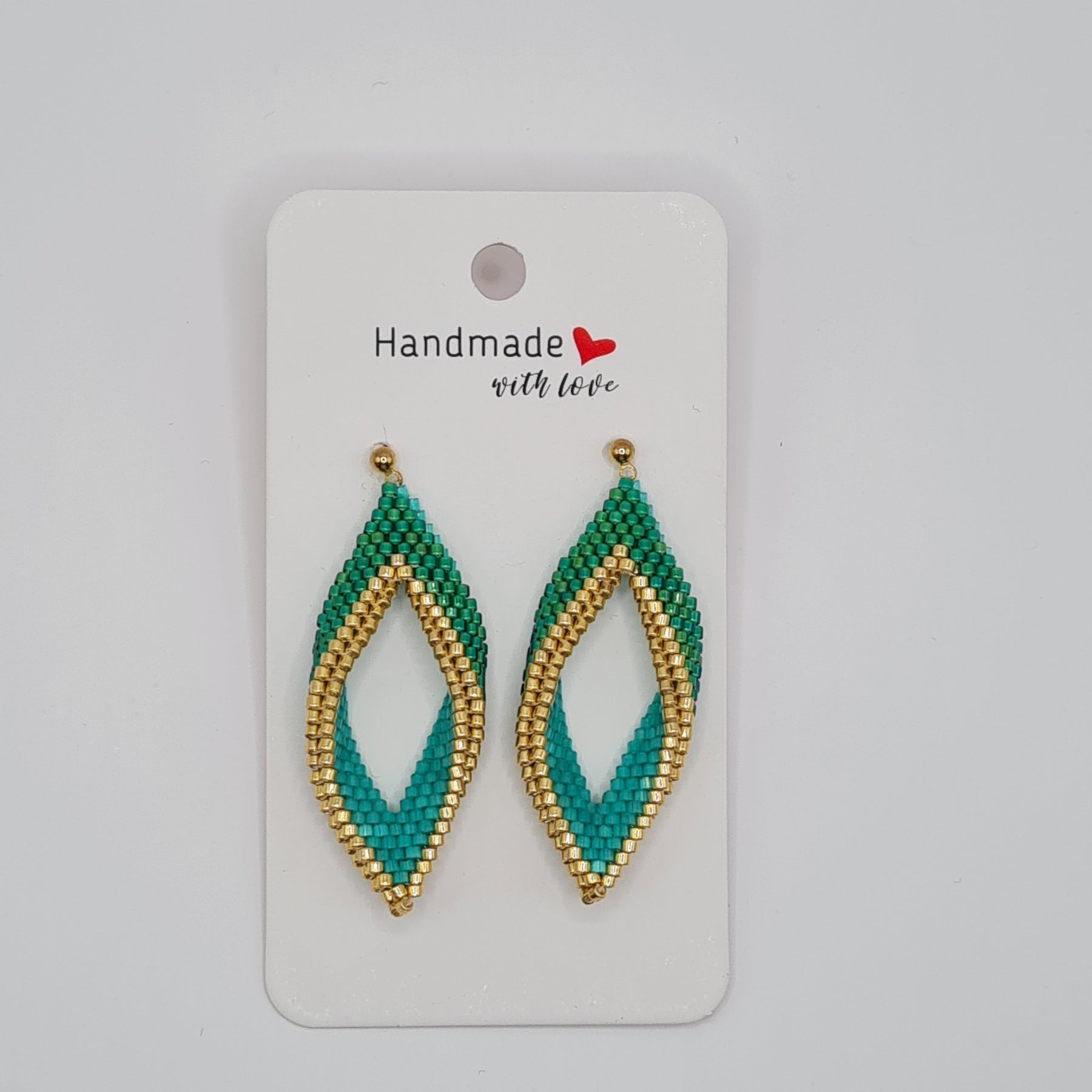 Emerald Lagoon Beaded Leaf Earrings – Green & Gold Delica Drops