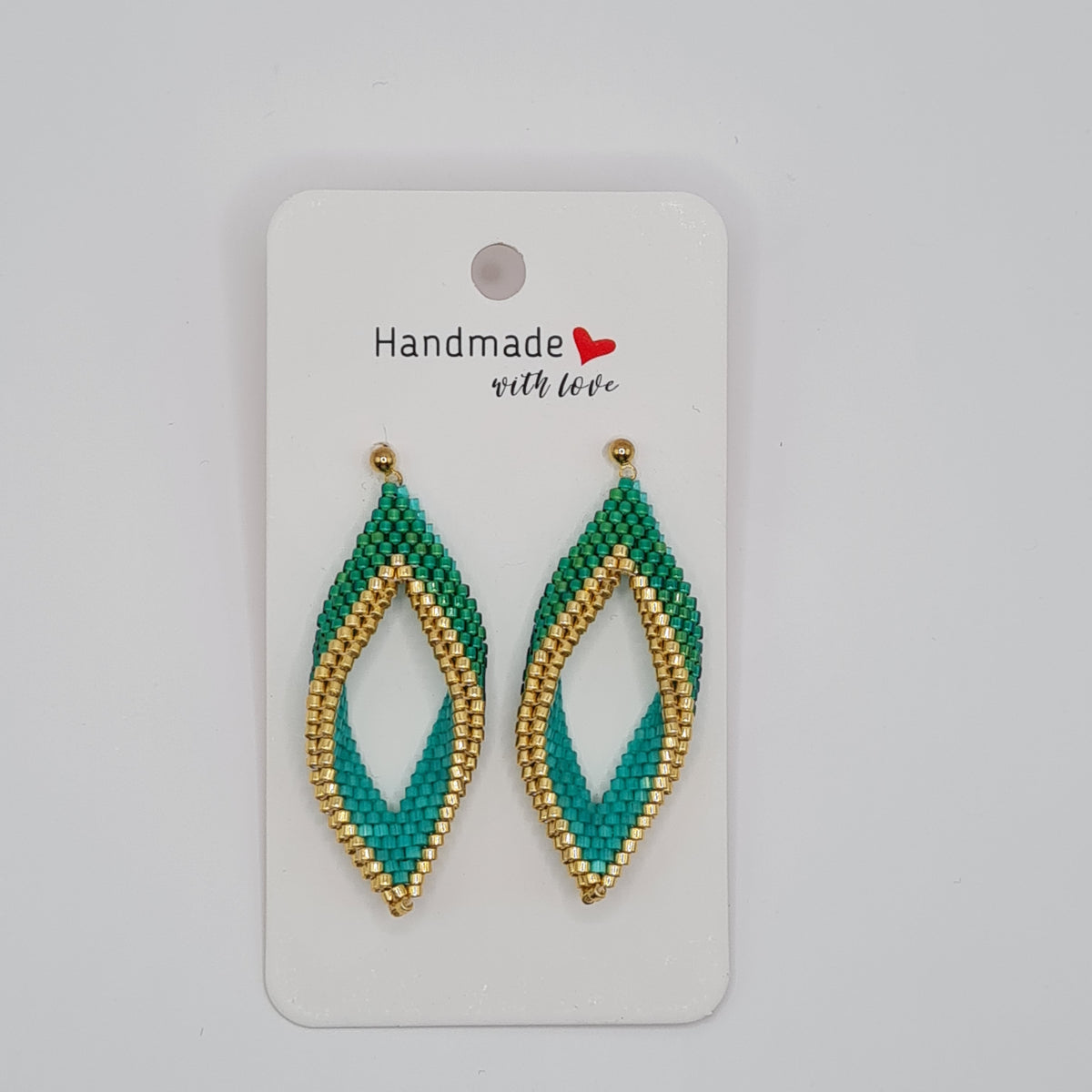 Emerald Lagoon Beaded Leaf Earrings – Green & Gold Delica Drops