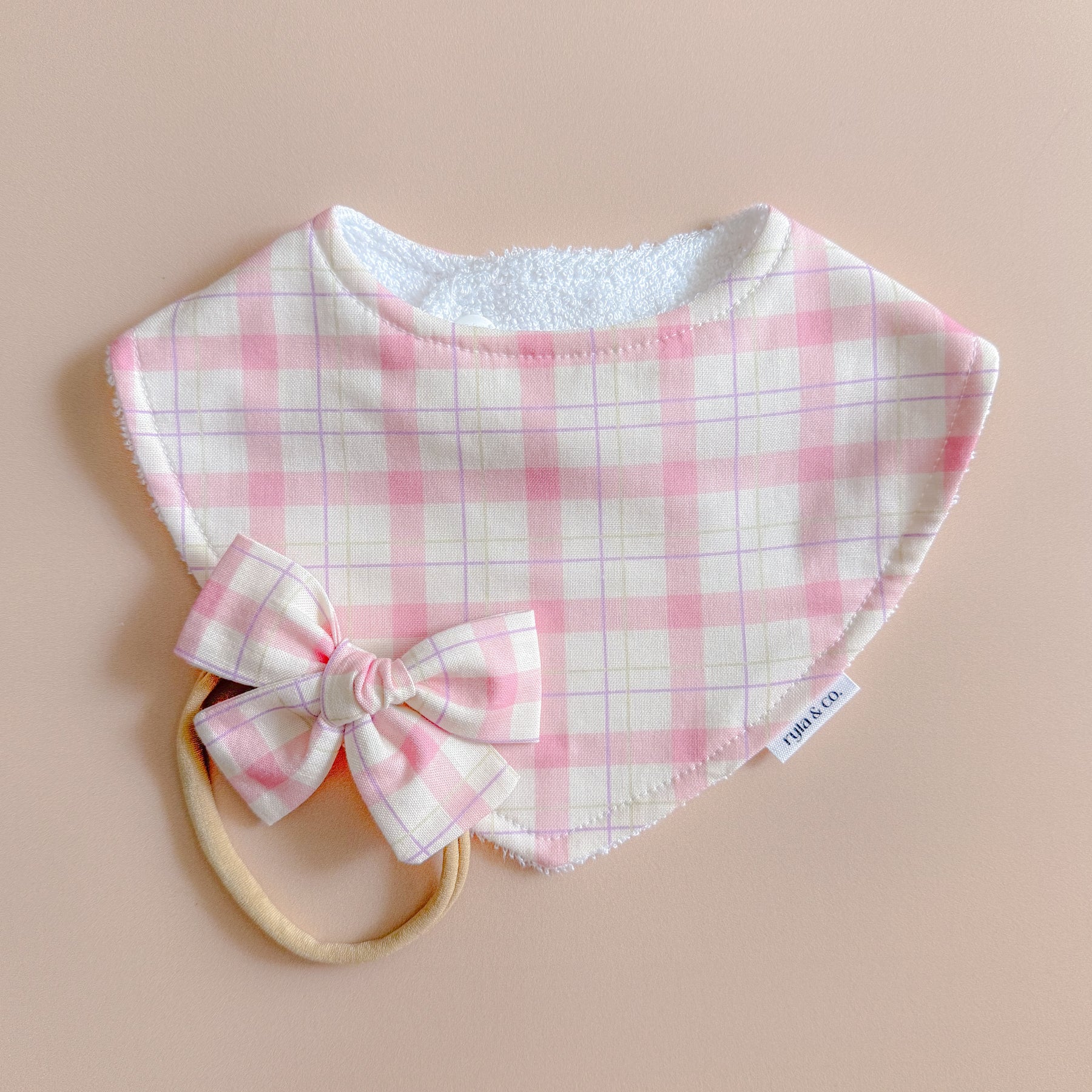 Baby bib, bow headband - Pink Plaid