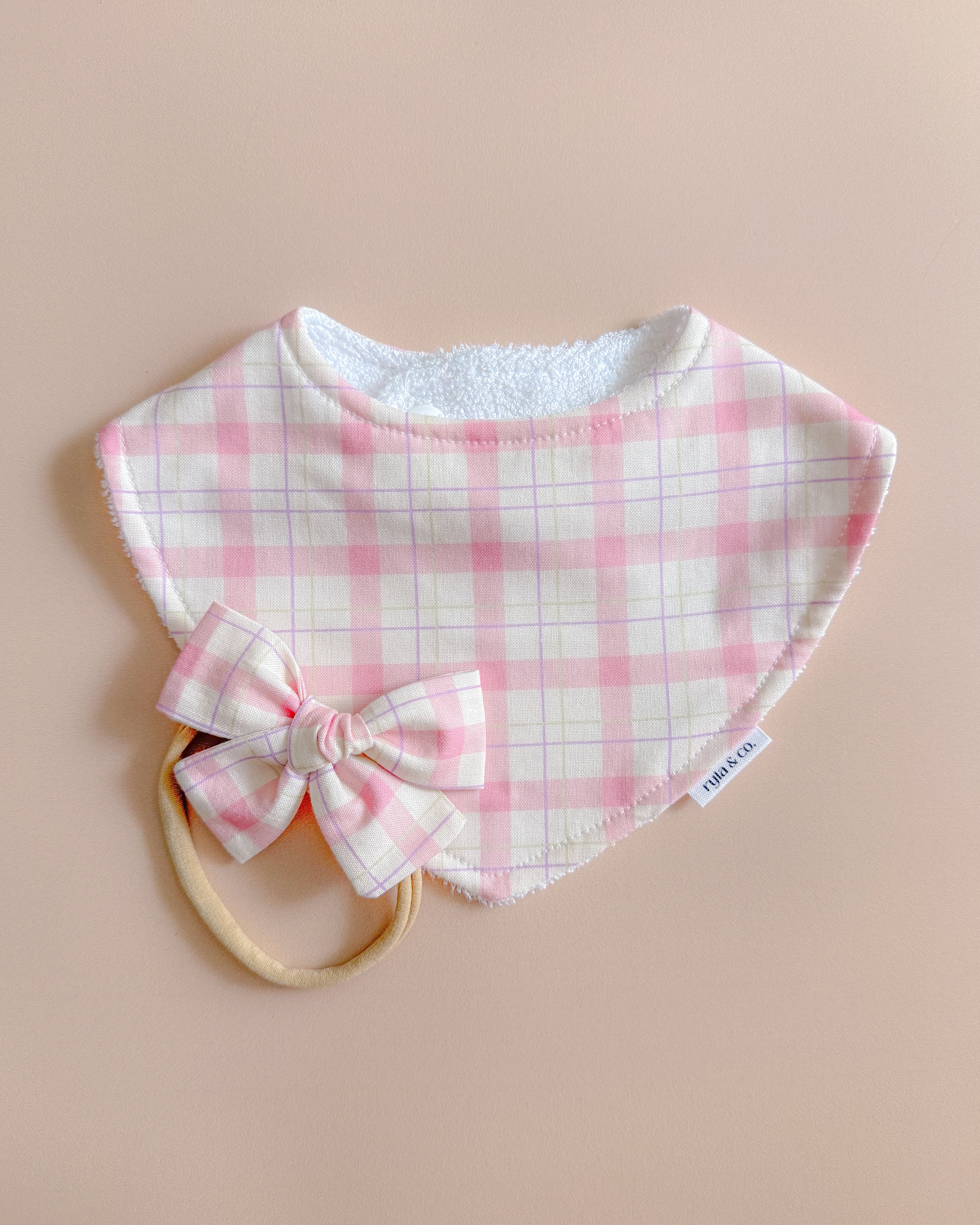 Baby bib, bow headband - Pink Plaid